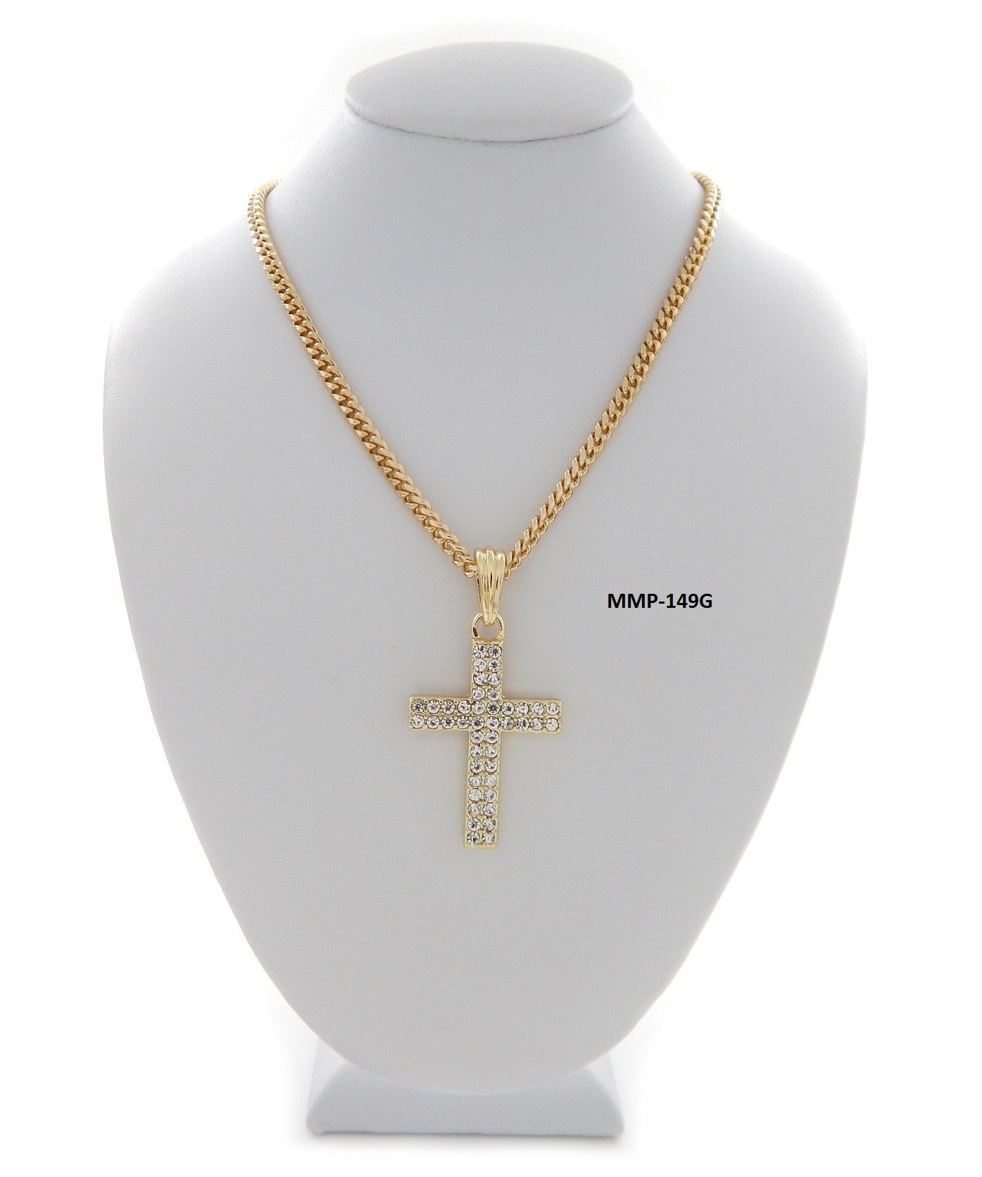 Elegant gold-plated Crystal Cross Pendant Necklace with sparkling crystals, approximately 28 inches long.