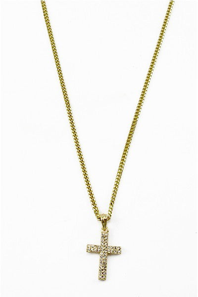 Elegant gold-plated Crystal Cross Pendant Necklace with sparkling crystals, approximately 28 inches long.