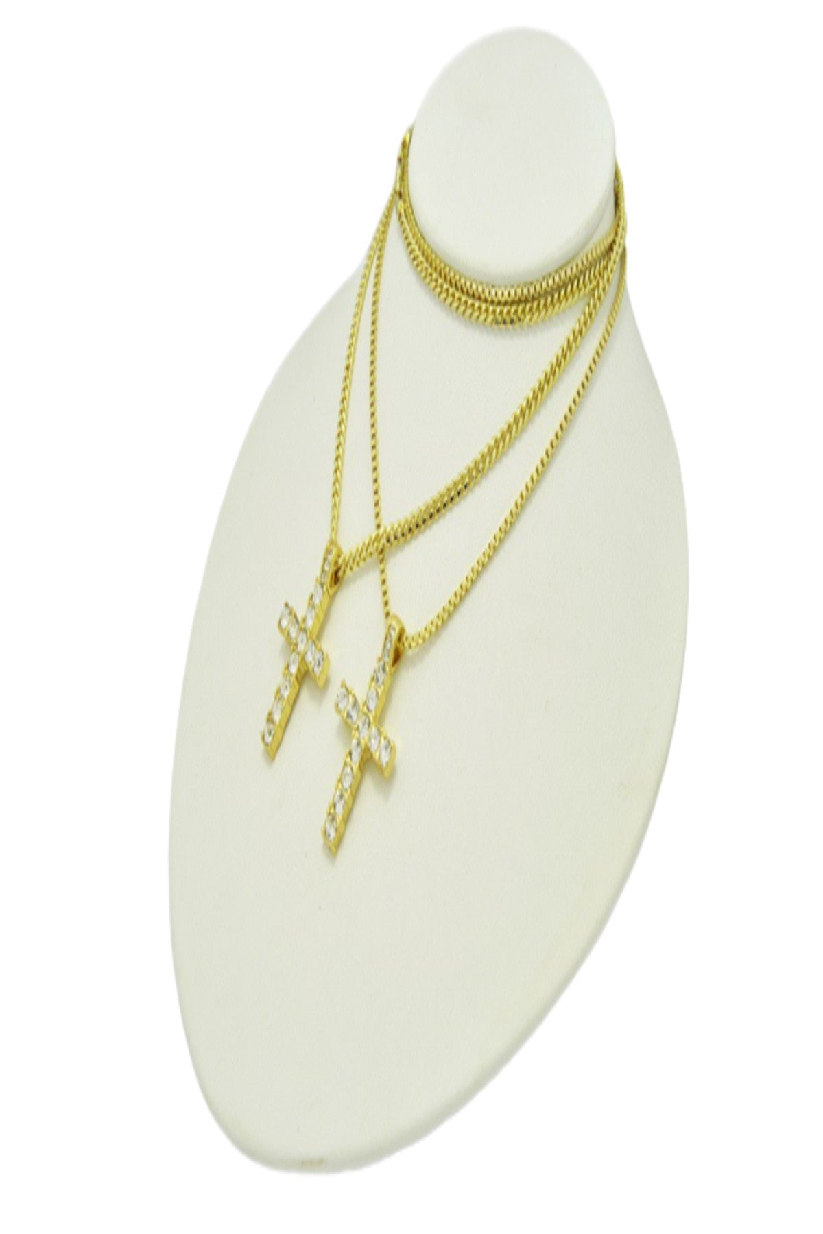 Elegant gold-plated crystal cross pendant necklace with a 28-inch chain.