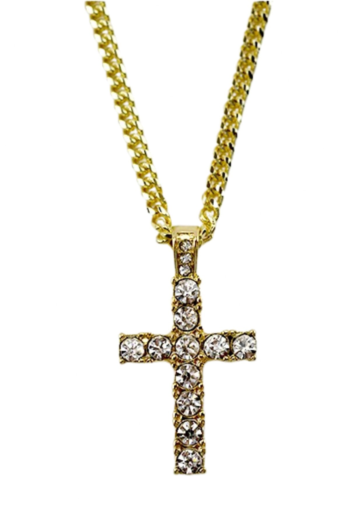 Elegant gold-plated crystal cross pendant necklace with a 28-inch chain.