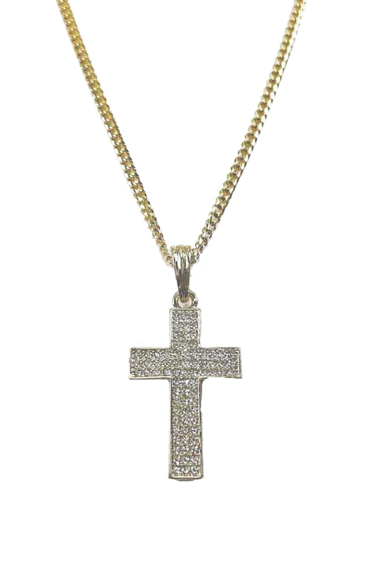 Elegant gold-plated Crystal Cross Pendant Necklace with a 30-inch chain, featuring a cross pendant measuring 1 inch by 1.5 inches.