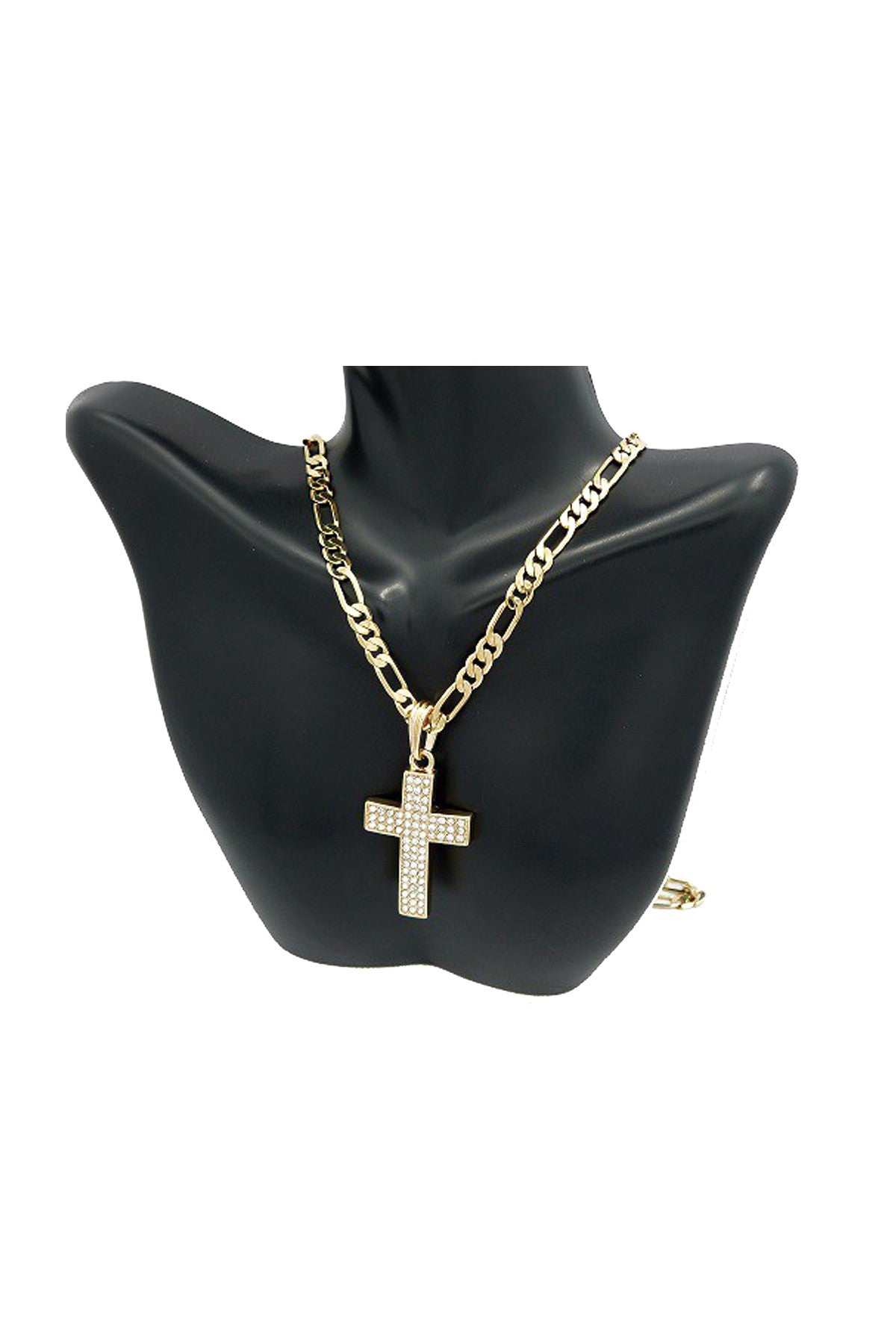 Elegant gold-plated Crystal Cross Pendant Necklace with a 30-inch chain, featuring a cross pendant measuring 1 inch by 1.5 inches.