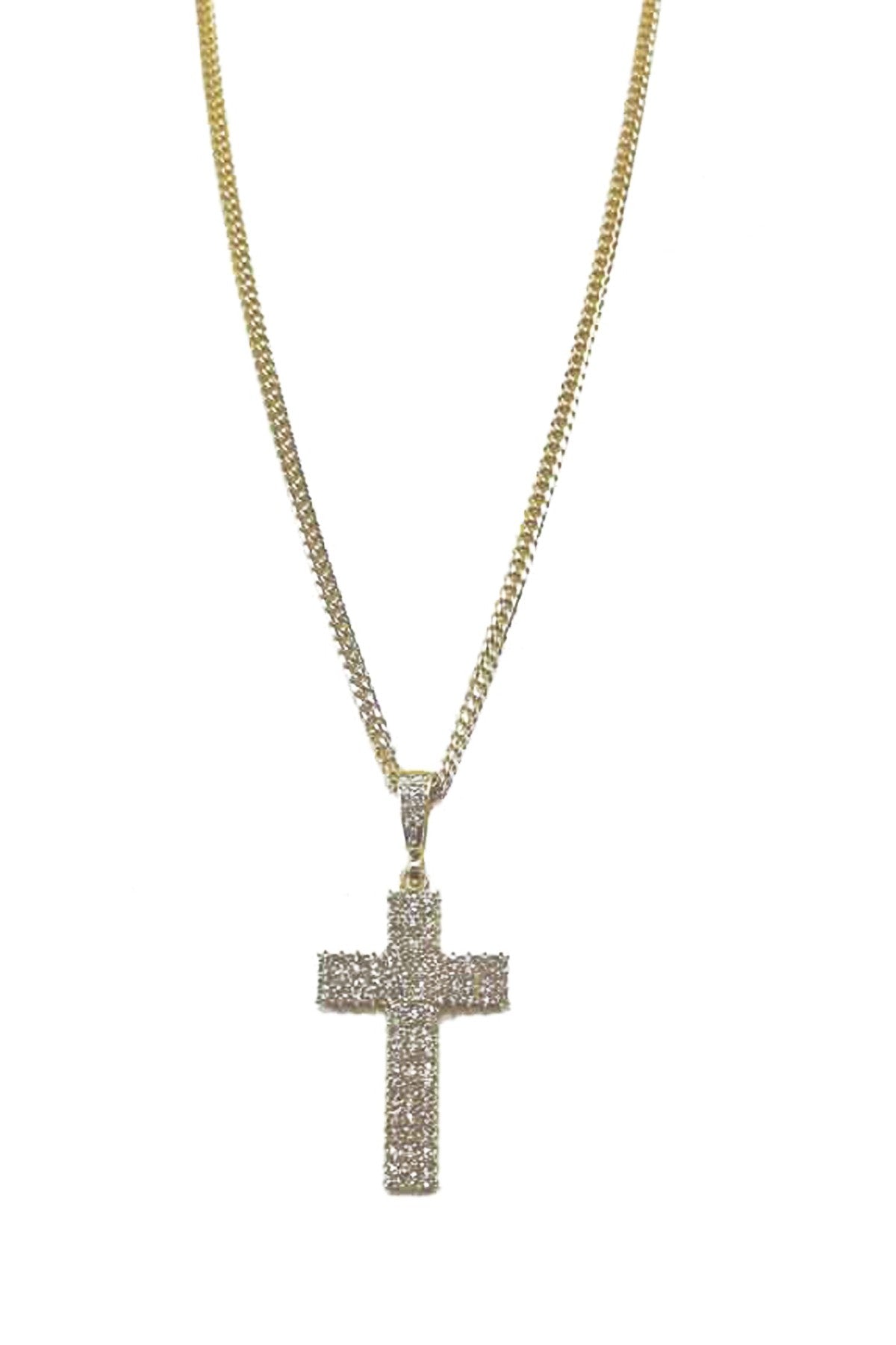 A stunning crystal cross pendant necklace with a 30-inch chain, featuring a sparkling cross design measuring 1.5 inches by 1.125 inches.