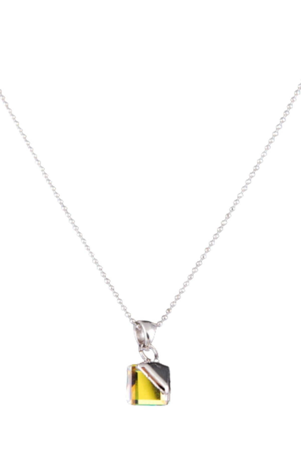 Silver necklace with yellow pendant.