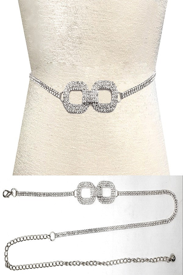 Crystal Double Circle Cross Belt featuring a stylish design with sparkling crystals and a lobster claw clasp.