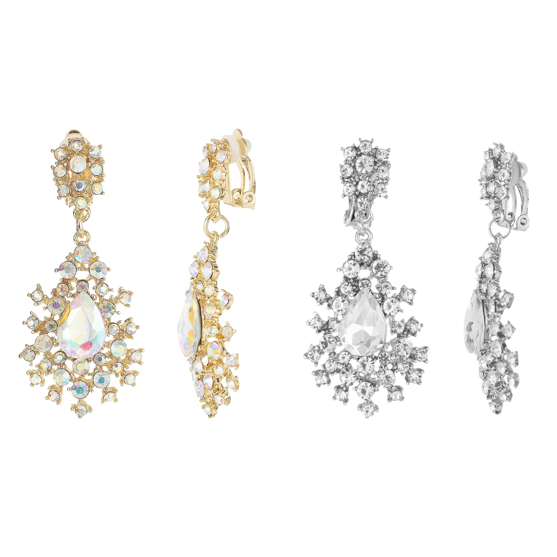 Elegant crystal drop earrings with a 2.25-inch drop, featuring a clip-on design for comfortable wear.