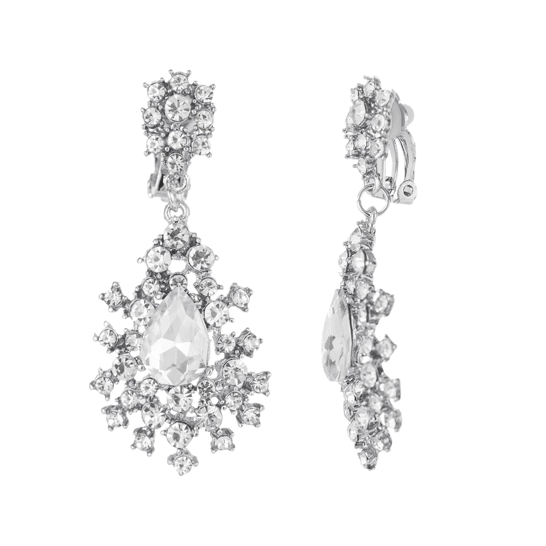 Elegant crystal drop earrings with a 2.25-inch drop, featuring a clip-on design for comfortable wear.