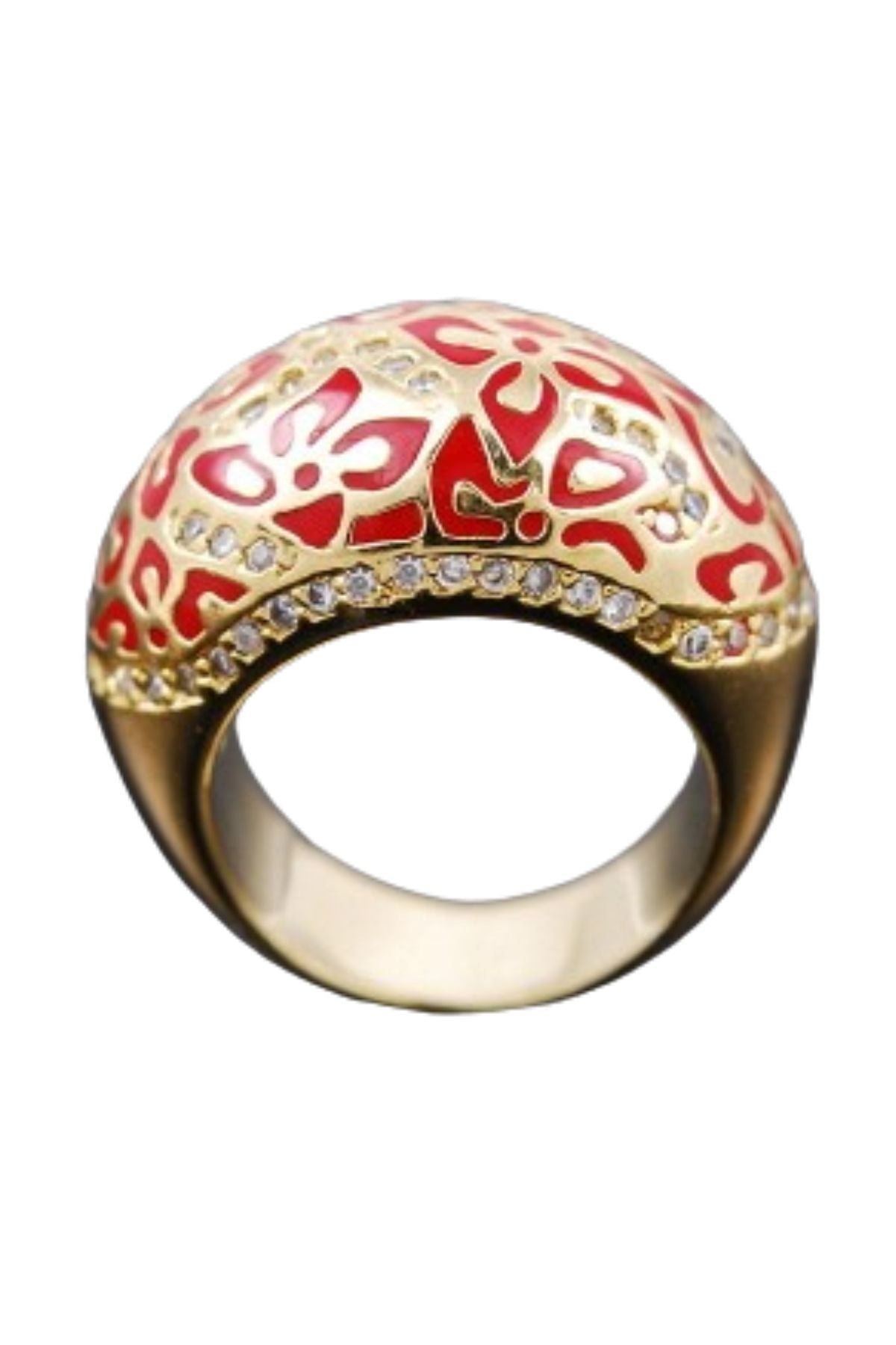 A beautifully crafted Crystal Flower Pattern Metal Ring with a double-plated finish, showcasing intricate floral designs.