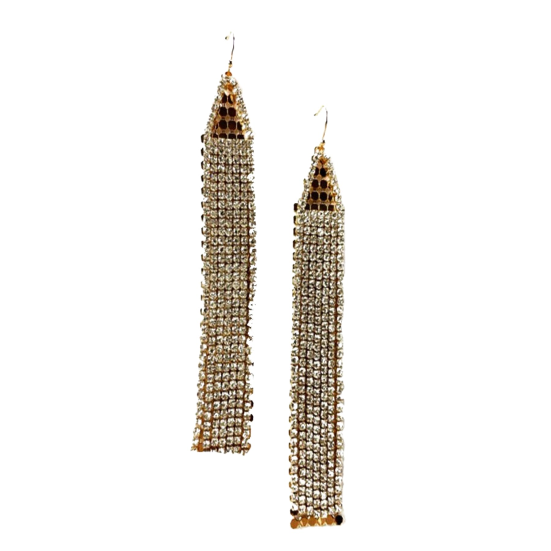 Elegant Crystal Fringe Earrings with a 4.25-inch drop, featuring sparkling crystals and a secure post back design.