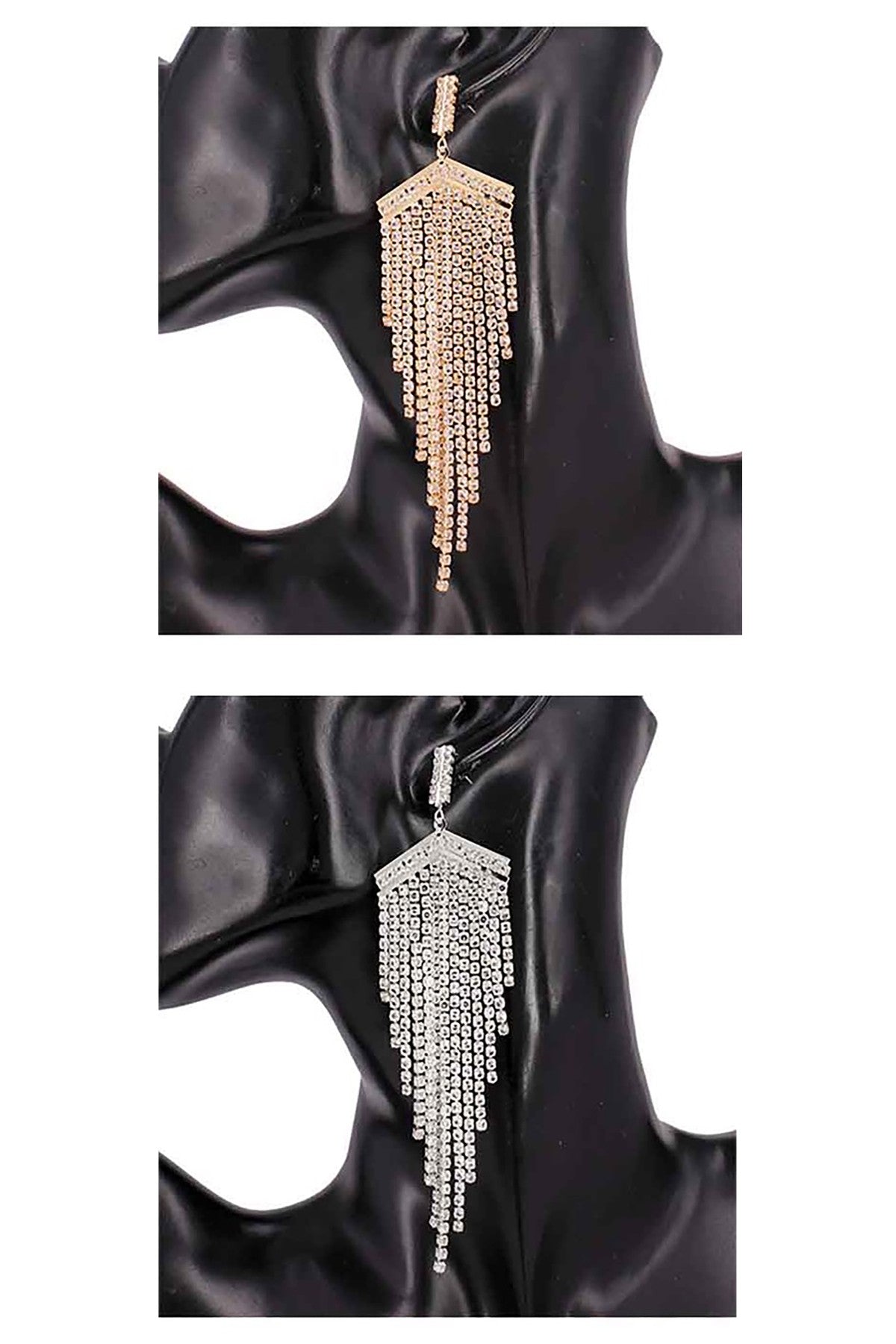 Elegant Crystal Fringe Earrings with sparkling crystals, measuring 1.25 x 5 inches, featuring a secure post back closure.