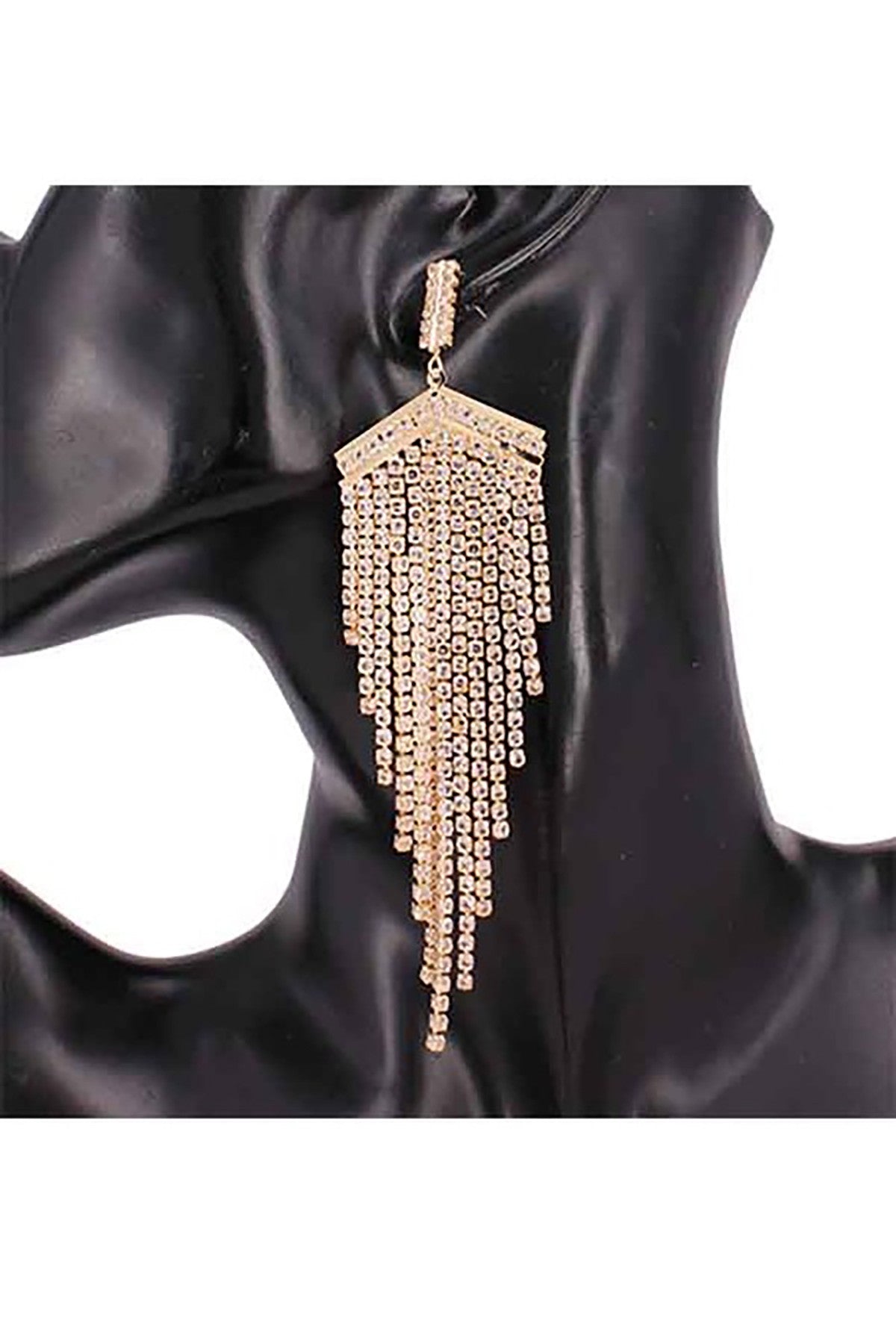 Elegant Crystal Fringe Earrings with sparkling crystals, measuring 1.25 x 5 inches, featuring a secure post back closure.