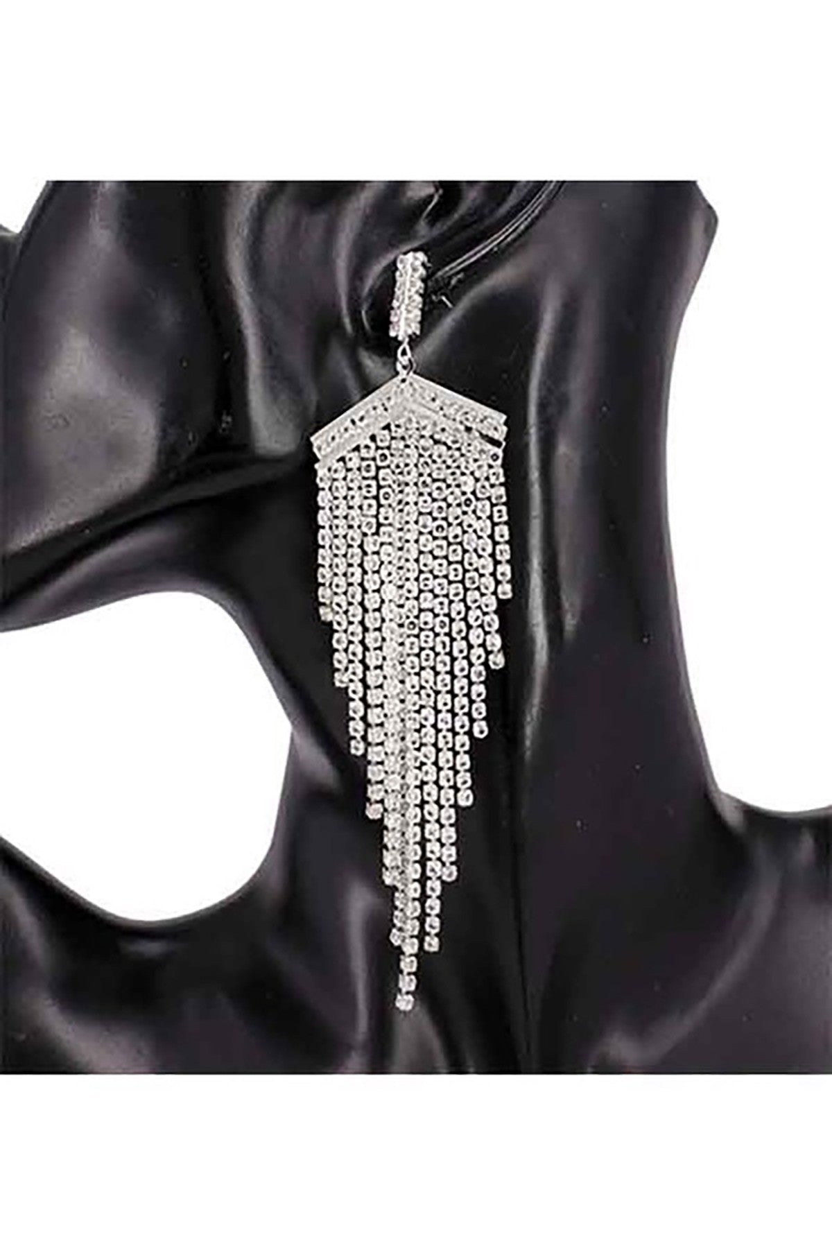 Elegant Crystal Fringe Earrings with sparkling crystals, measuring 1.25 x 5 inches, featuring a secure post back closure.