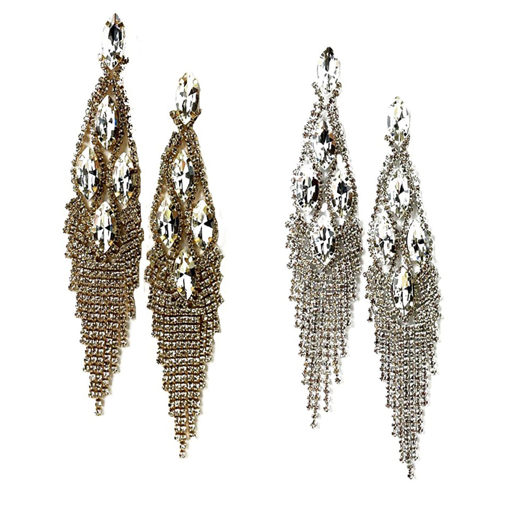 Elegant Crystal Fringe Earrings with a 5-inch drop, featuring sparkling crystals and a secure post back design.