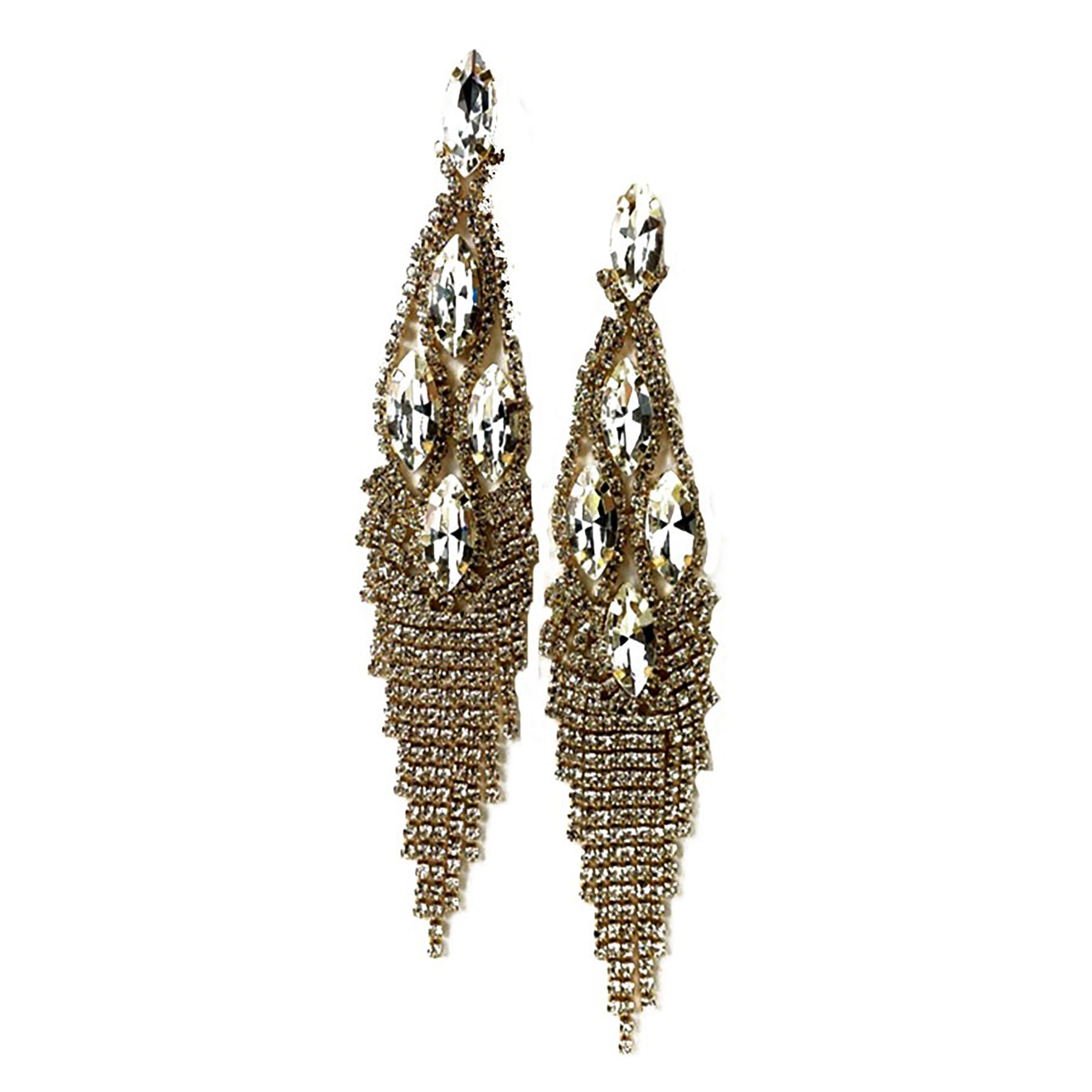 Elegant Crystal Fringe Earrings with a 5-inch drop, featuring sparkling crystals and a secure post back design.