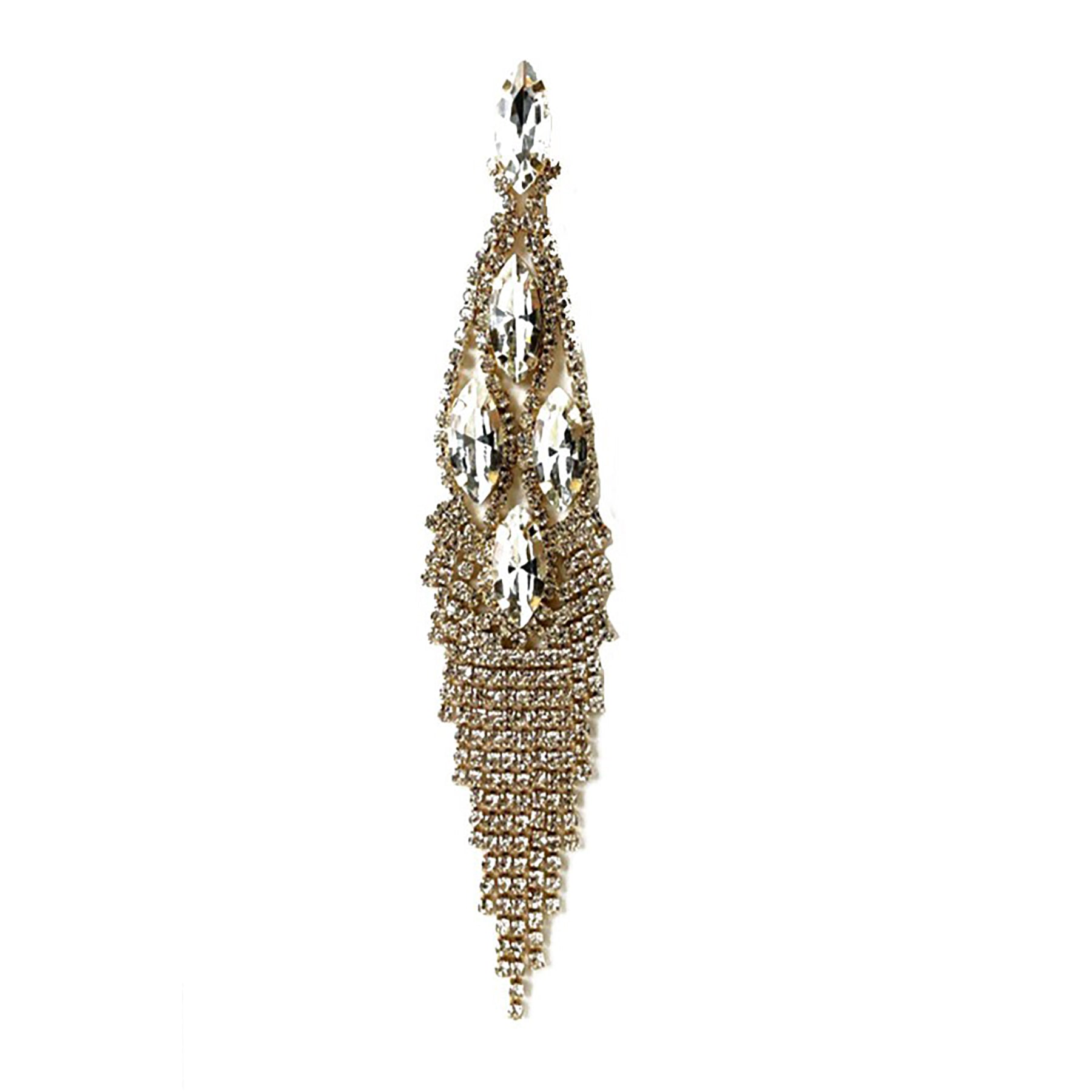 Elegant Crystal Fringe Earrings with a 5-inch drop, featuring sparkling crystals and a secure post back design.