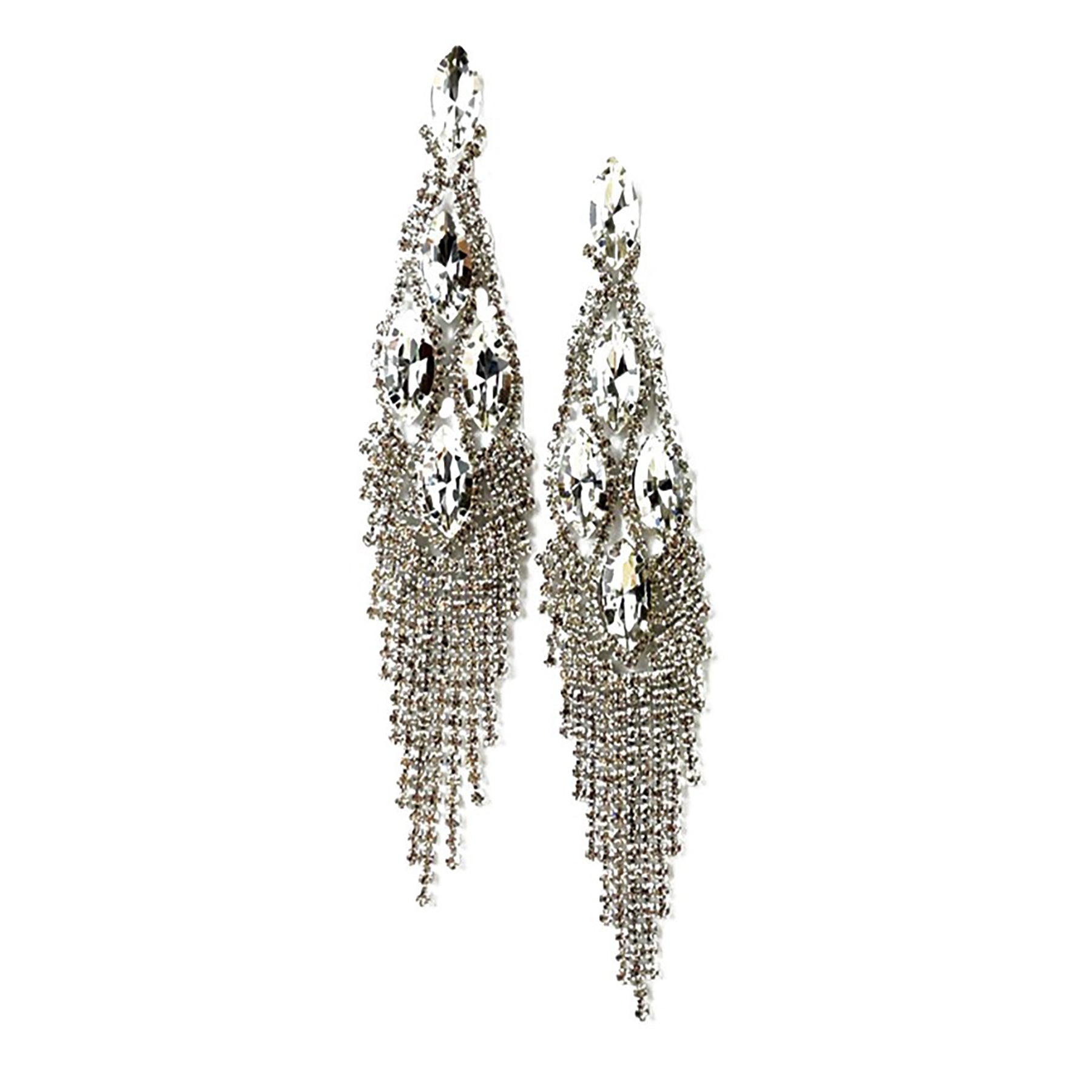 Elegant Crystal Fringe Earrings with a 5-inch drop, featuring sparkling crystals and a secure post back design.