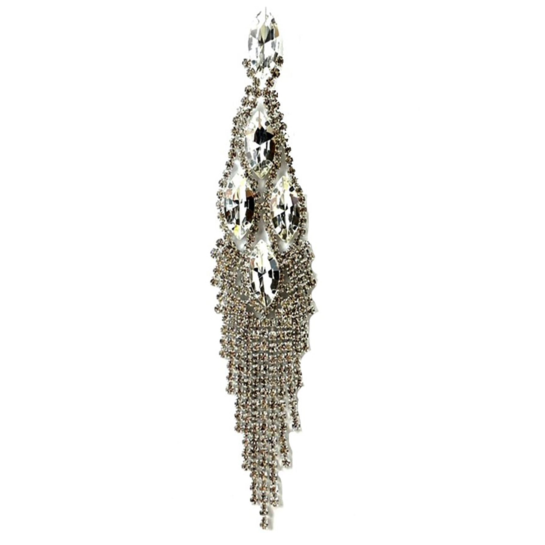 Elegant Crystal Fringe Earrings with a 5-inch drop, featuring sparkling crystals and a secure post back design.