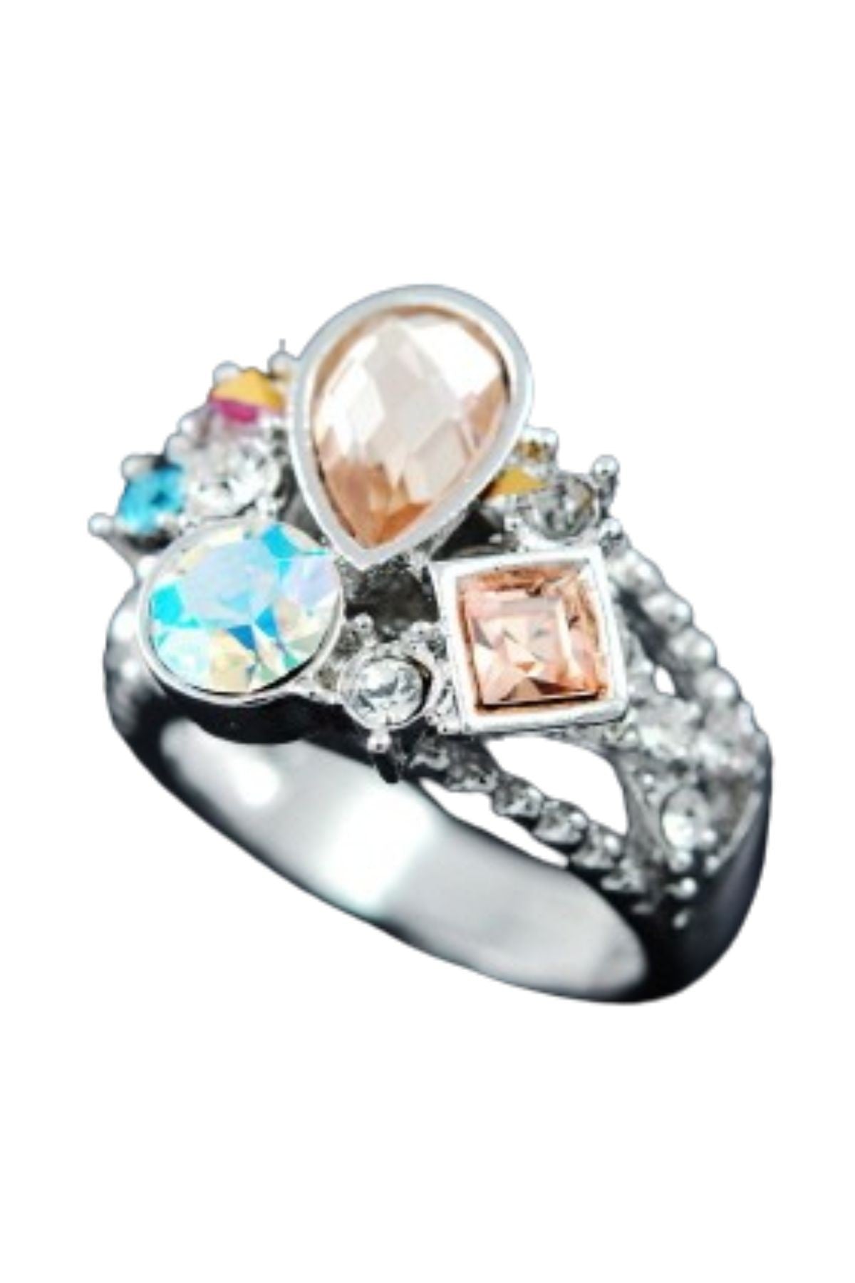 A beautiful crystal jeweled metal ring with double plating, showcasing intricate designs and sparkling crystals.