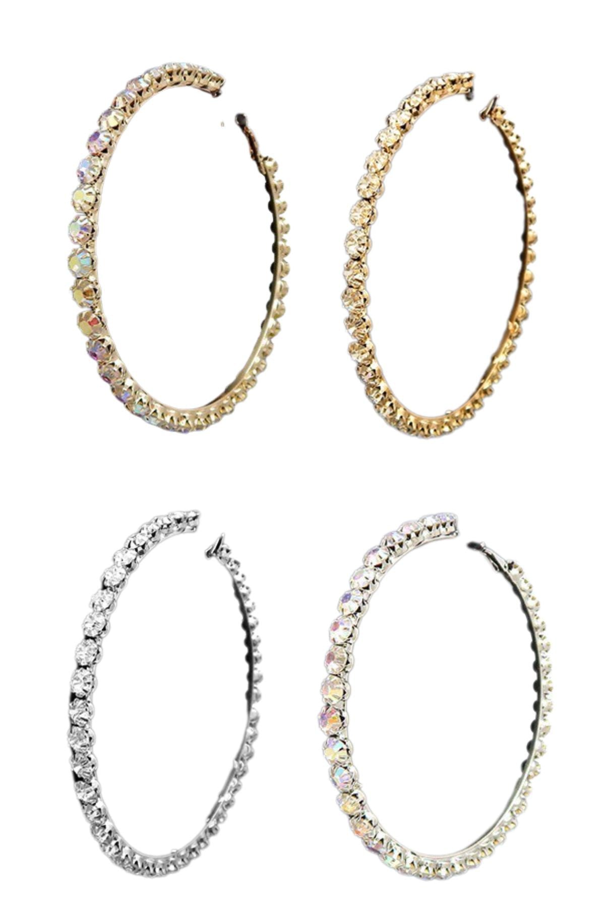 Elegant crystal lined hoop earrings with a 4-inch drop and secure latch back closure, perfect for any occasion.