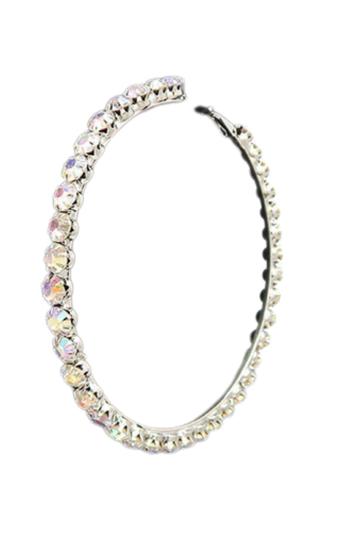 Elegant crystal lined hoop earrings with a 4-inch drop and secure latch back closure, perfect for any occasion.