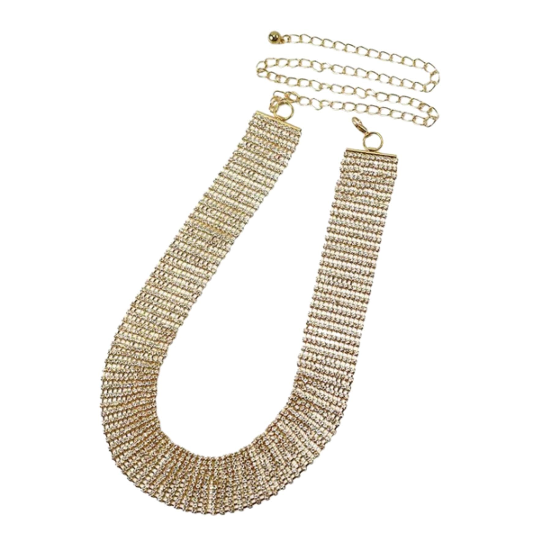 Elegant Crystal Pave Lined Chain Belt with lobster claw clasp and extender, showcasing a sparkling design perfect for any outfit.