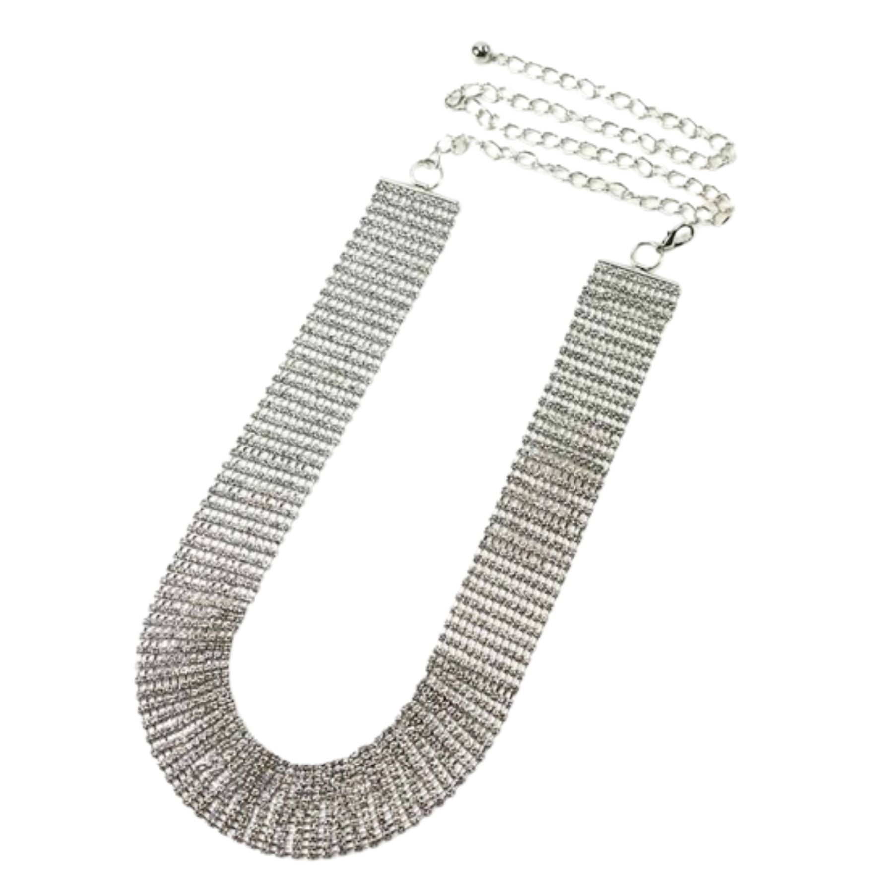 Elegant Crystal Pave Lined Chain Belt with lobster claw clasp and extender, showcasing a sparkling design perfect for any outfit.