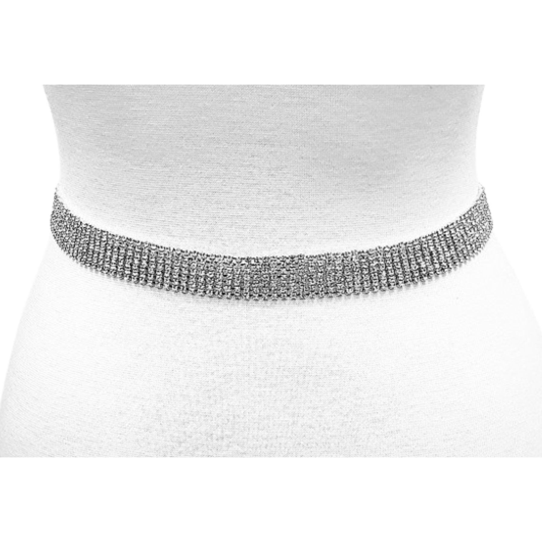 A stylish Crystal Pave Lined Chain Belt featuring a sparkling design with a lobster claw clasp and adjustable length.