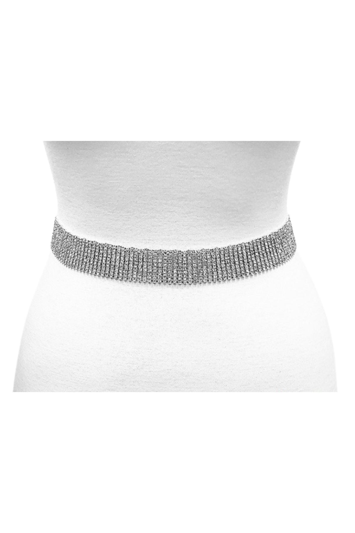 A stylish Crystal Pave Lined Chain Belt featuring shimmering crystals and a lobster claw clasp, perfect for enhancing any outfit.