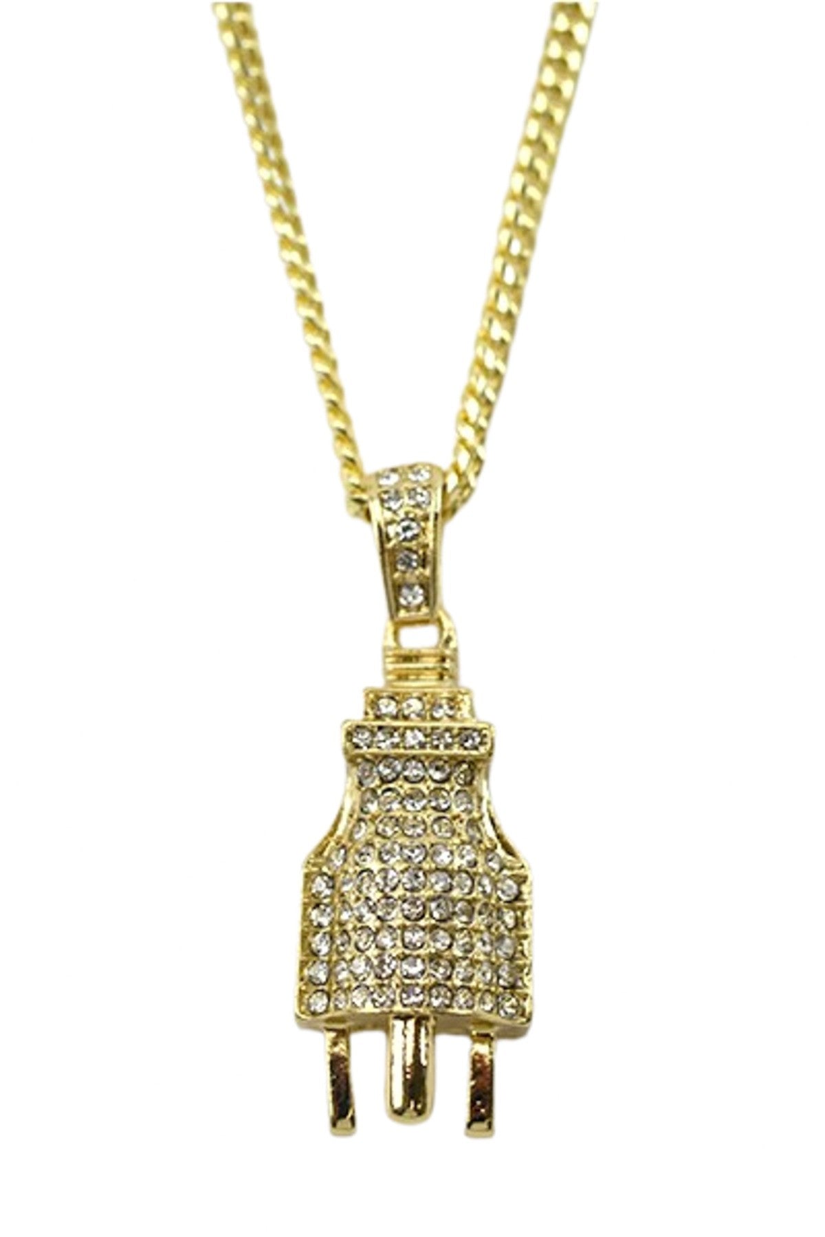 Elegant gold-plated crystal plug pendant chain necklace, approximately 28 inches long, showcasing a stylish design.