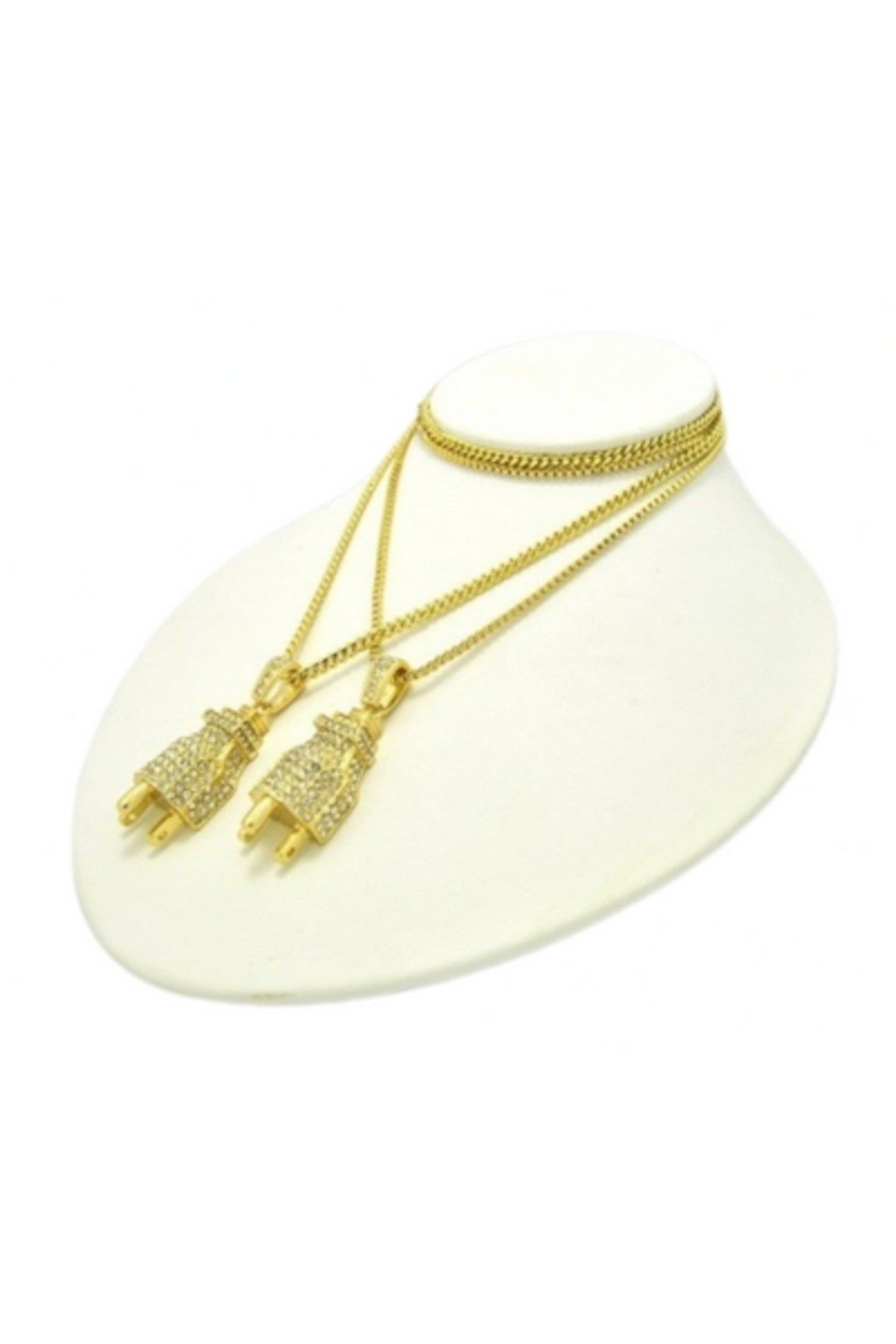 Elegant gold-plated crystal plug pendant chain necklace, approximately 28 inches long, showcasing a stylish design.