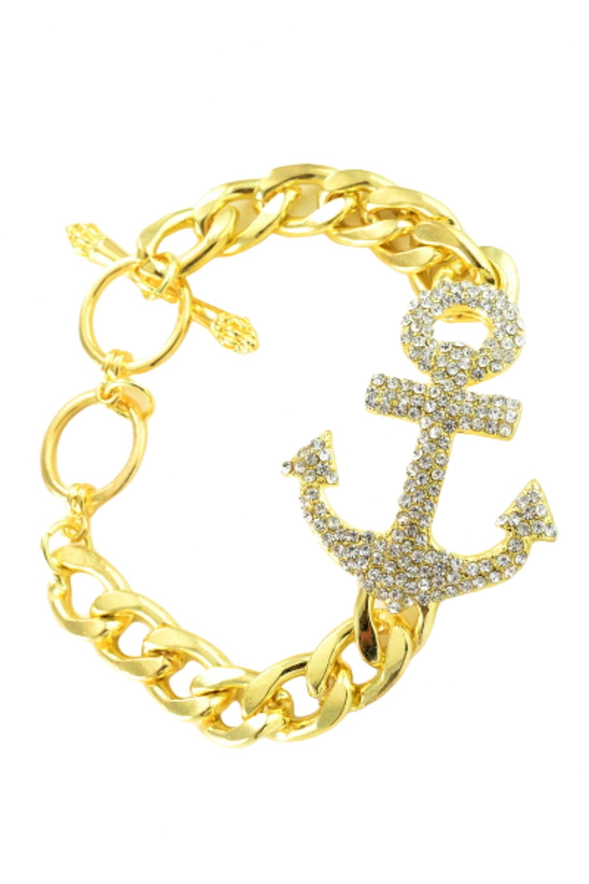 A stunning Crystal Studded ANCHOR Bracelet featuring a double plated design with sparkling crystals and an adjustable toggle clasp.