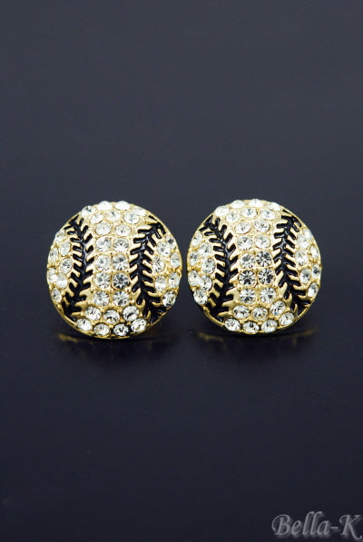 A pair of crystal studded baseball earrings featuring a sparkling design, double plated finish, and post back closure, perfect for sports enthusiasts.