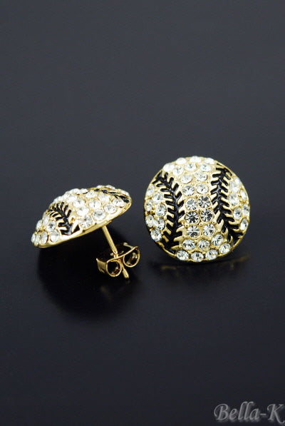 A pair of crystal studded baseball earrings featuring a sparkling design, double plated finish, and post back closure, perfect for sports enthusiasts.