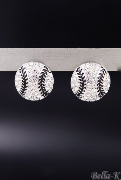 A pair of crystal studded baseball earrings featuring a sparkling design, double plated finish, and post back closure, perfect for sports enthusiasts.