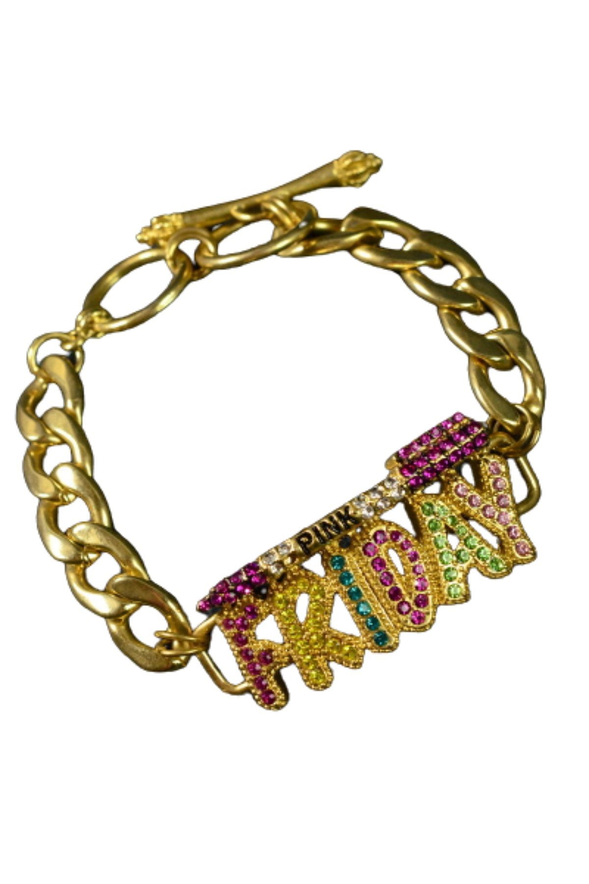 Elegant Crystal Studded FRIDAY Bracelet with toggle clasp, showcasing sparkling crystals and double plated finish.