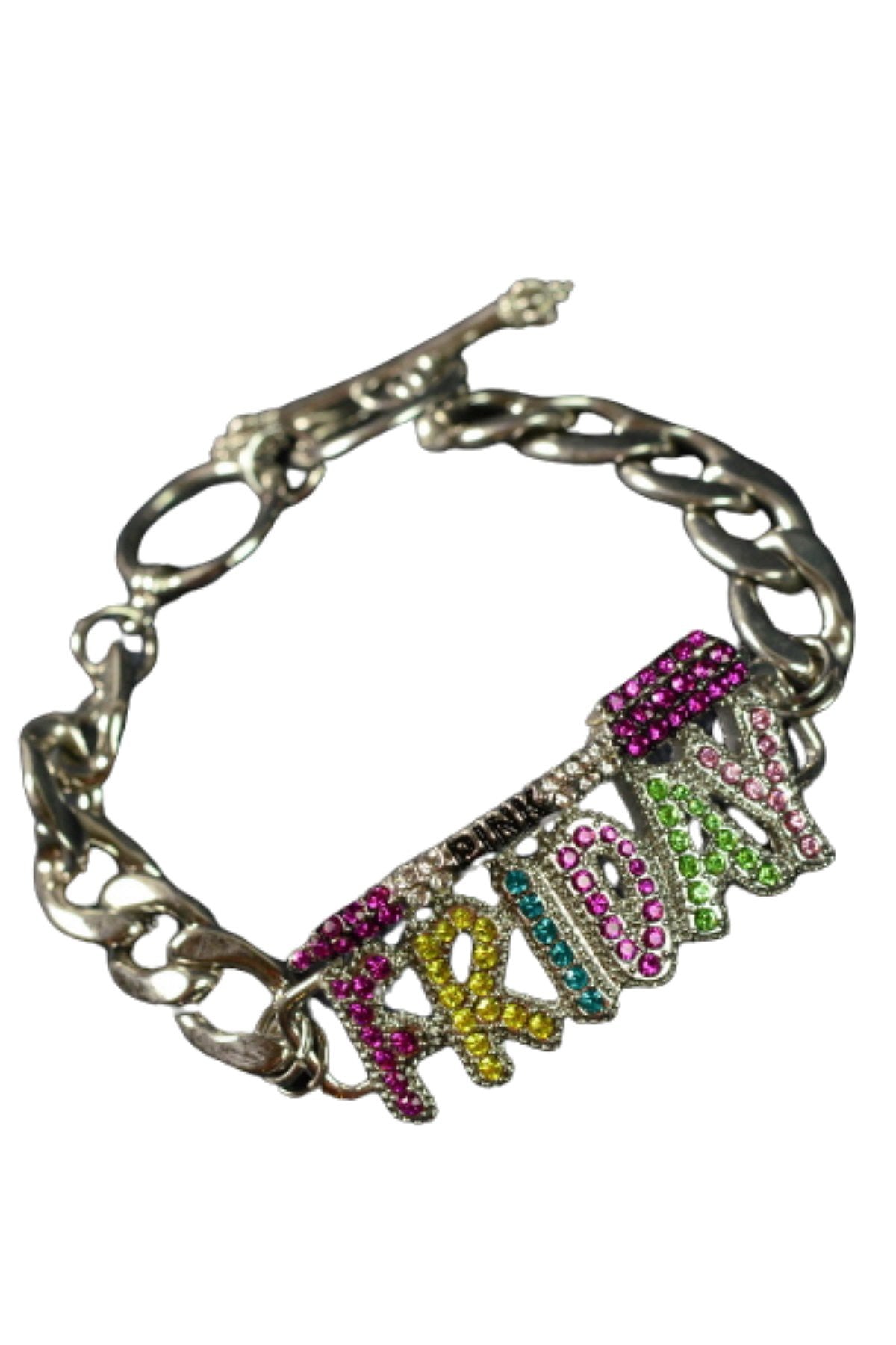 Elegant Crystal Studded FRIDAY Bracelet with toggle clasp, showcasing sparkling crystals and double plated finish.