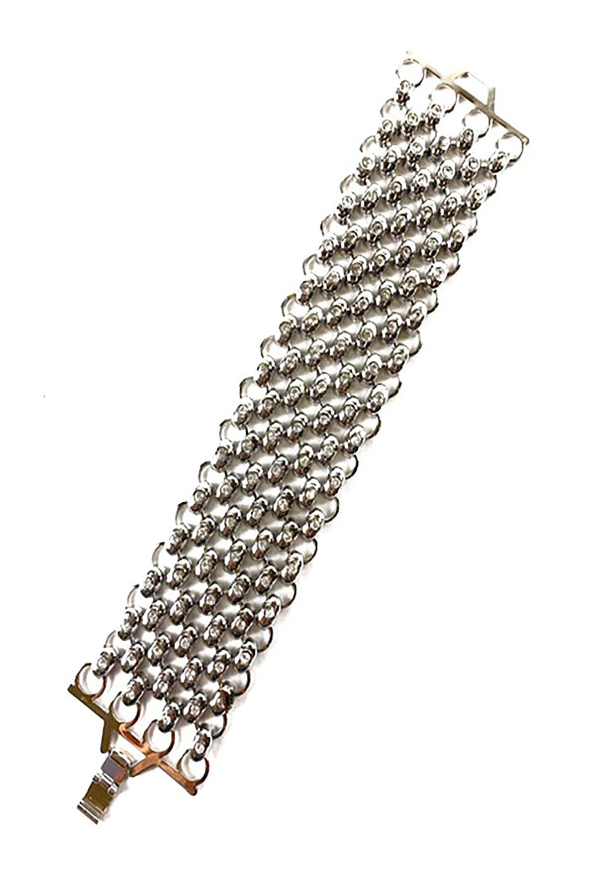 Elegant crystal studded metal chain bracelet with double plating and hinged clasp, showcasing its sparkling details and stylish design.