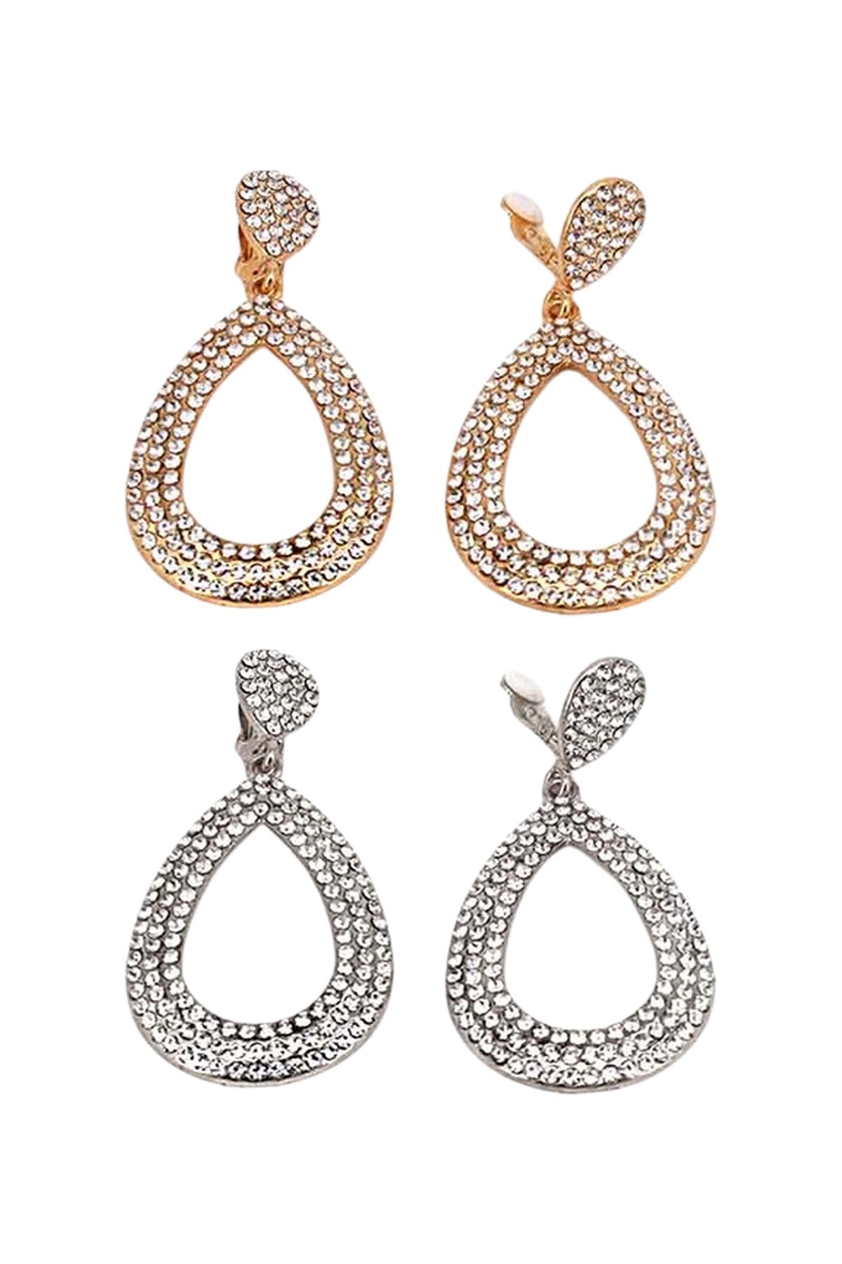 Elegant crystal tear drop clip-on earrings with a sparkling design, approximately 3 inches long.