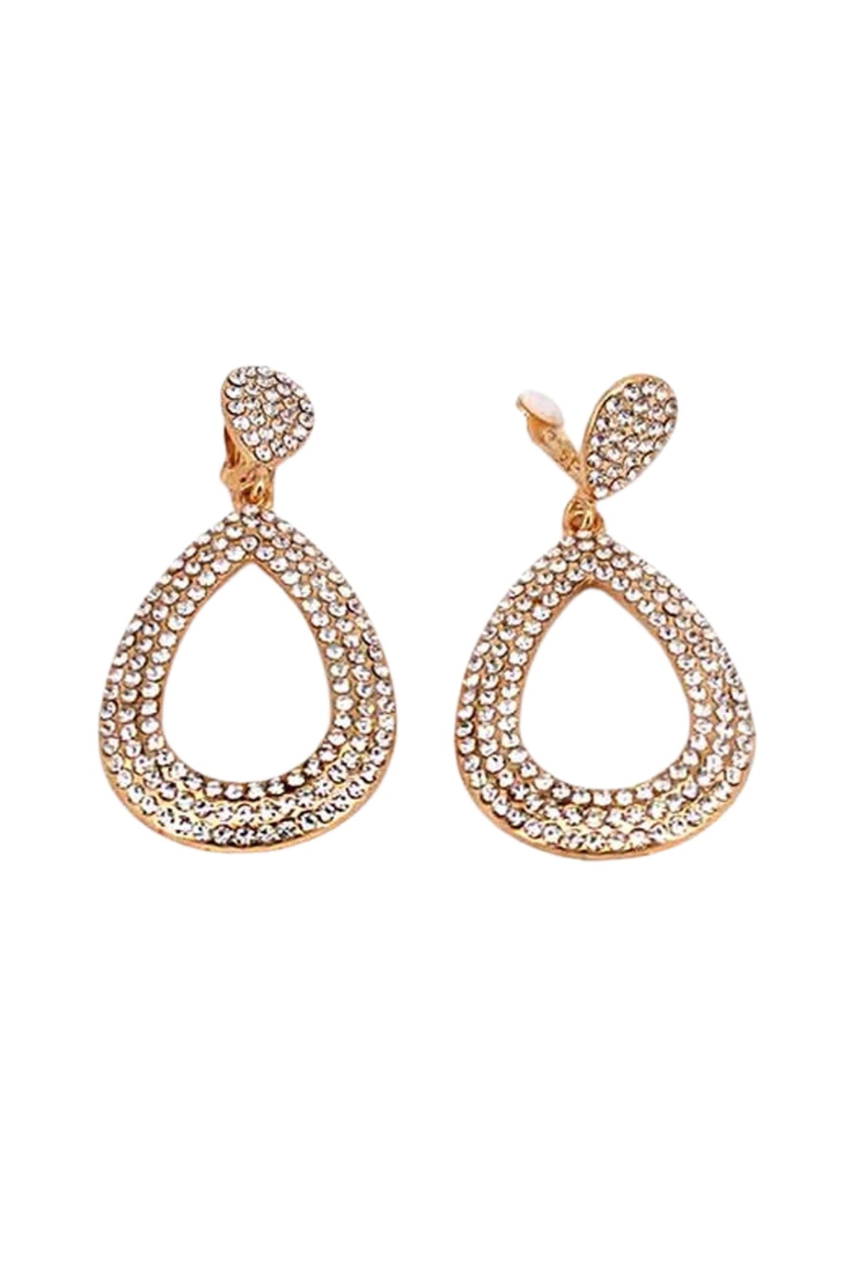 Elegant crystal tear drop clip-on earrings with a sparkling design, approximately 3 inches long.