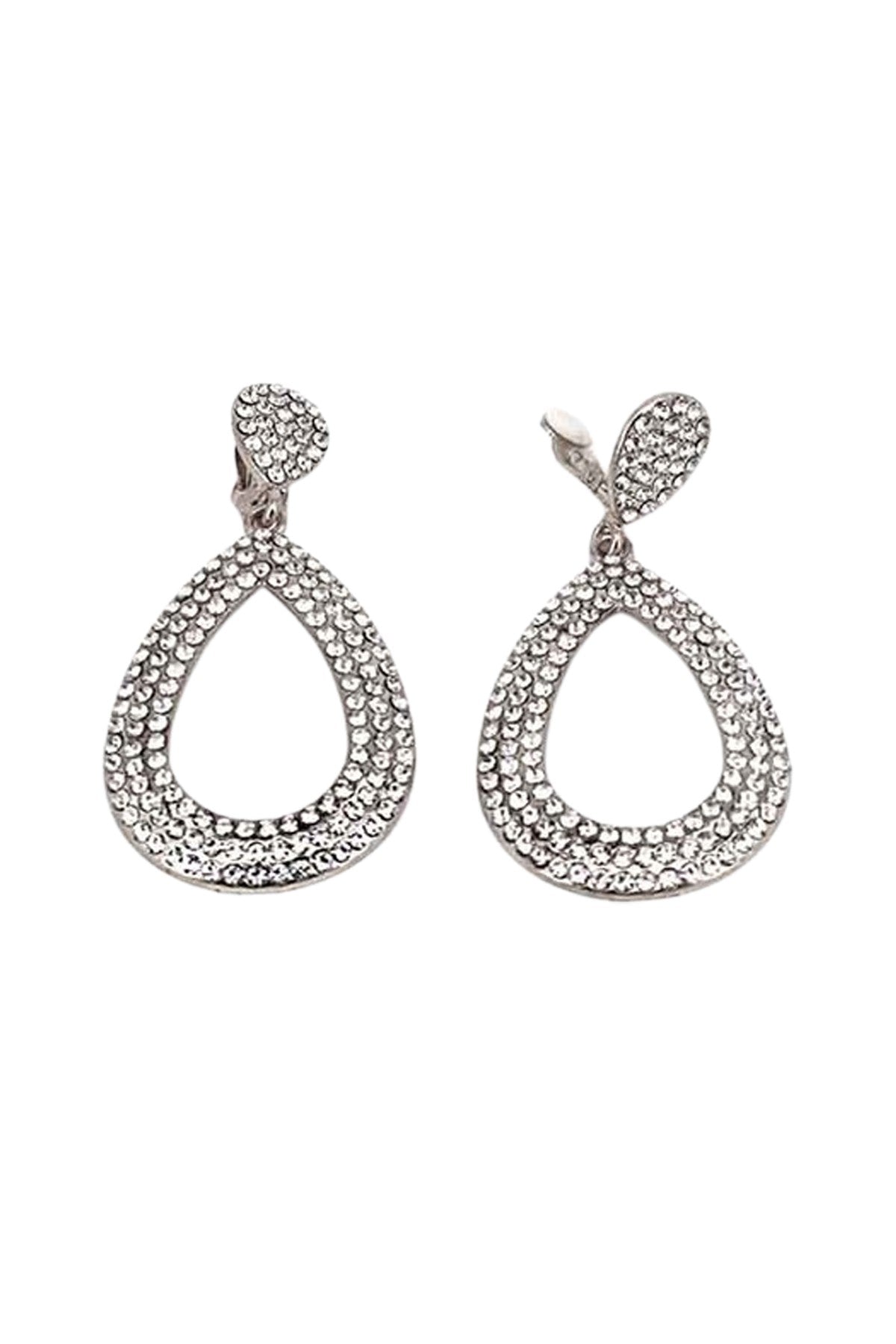 Elegant crystal tear drop clip-on earrings with a sparkling design, approximately 3 inches long.