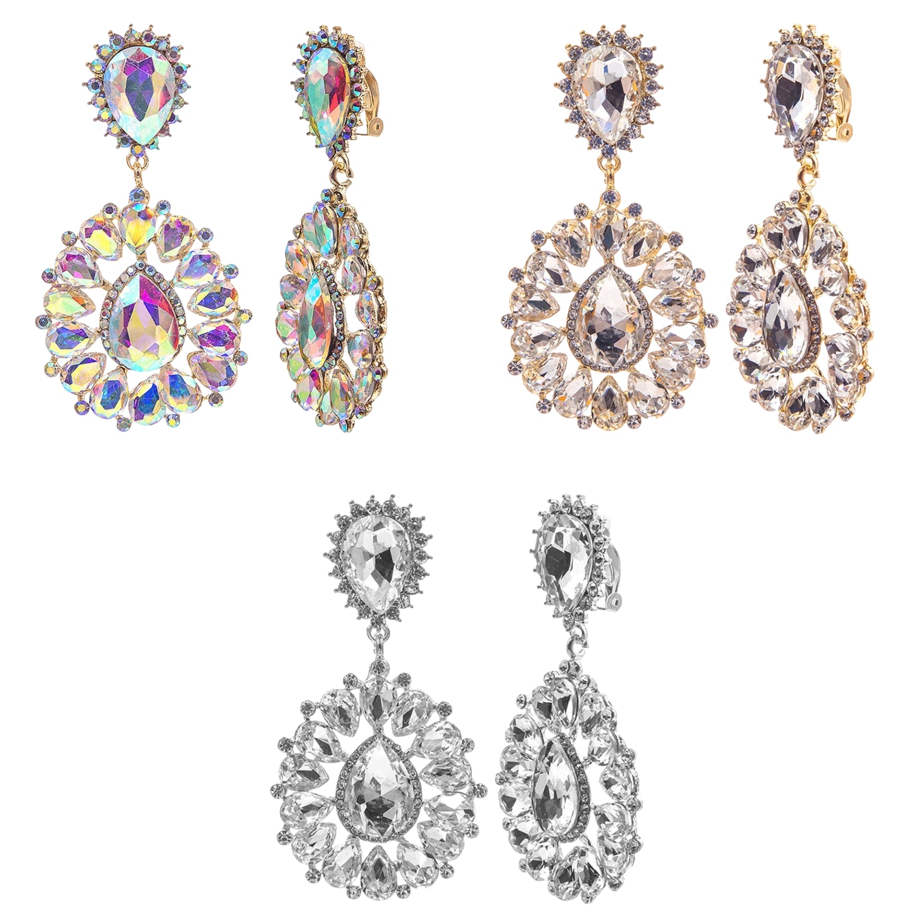 Elegant crystal teardrop clip earrings, showcasing a sparkling design perfect for evening wear.