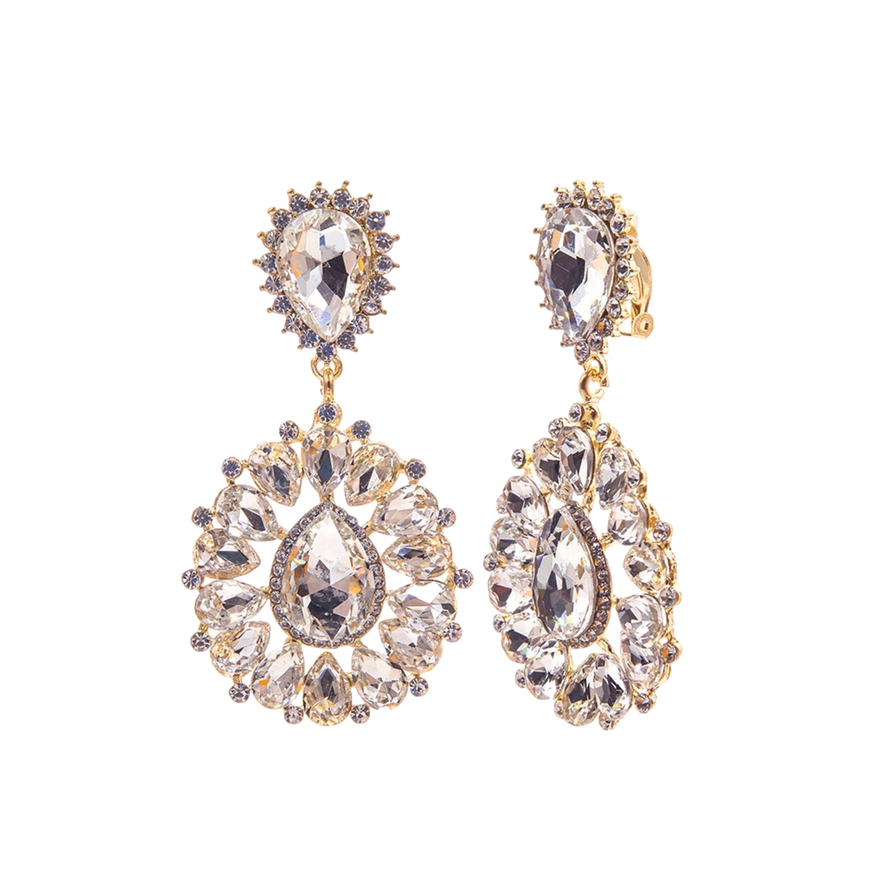 Elegant crystal teardrop clip earrings, showcasing a sparkling design perfect for evening wear.