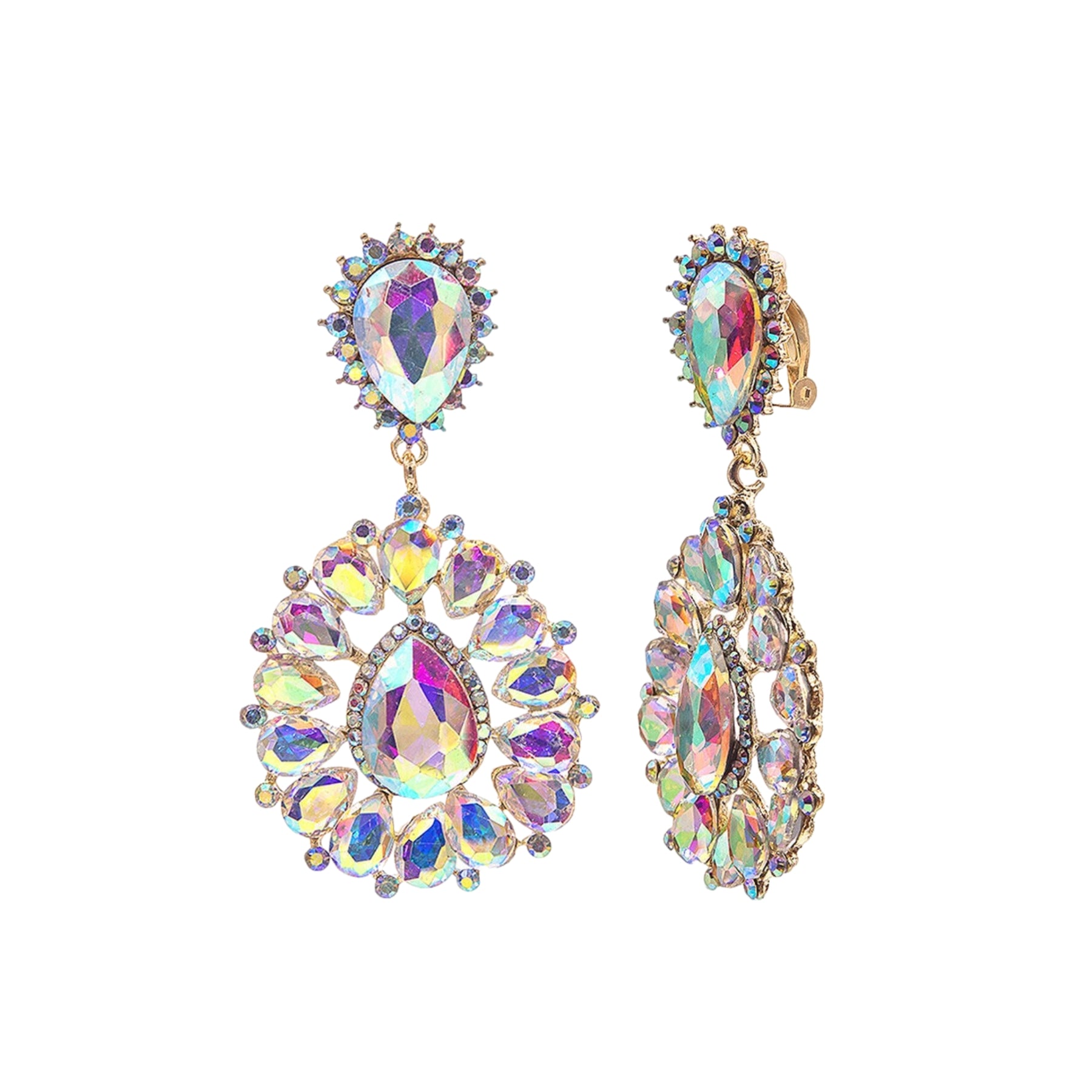 Elegant crystal teardrop clip earrings, showcasing a sparkling design perfect for evening wear.