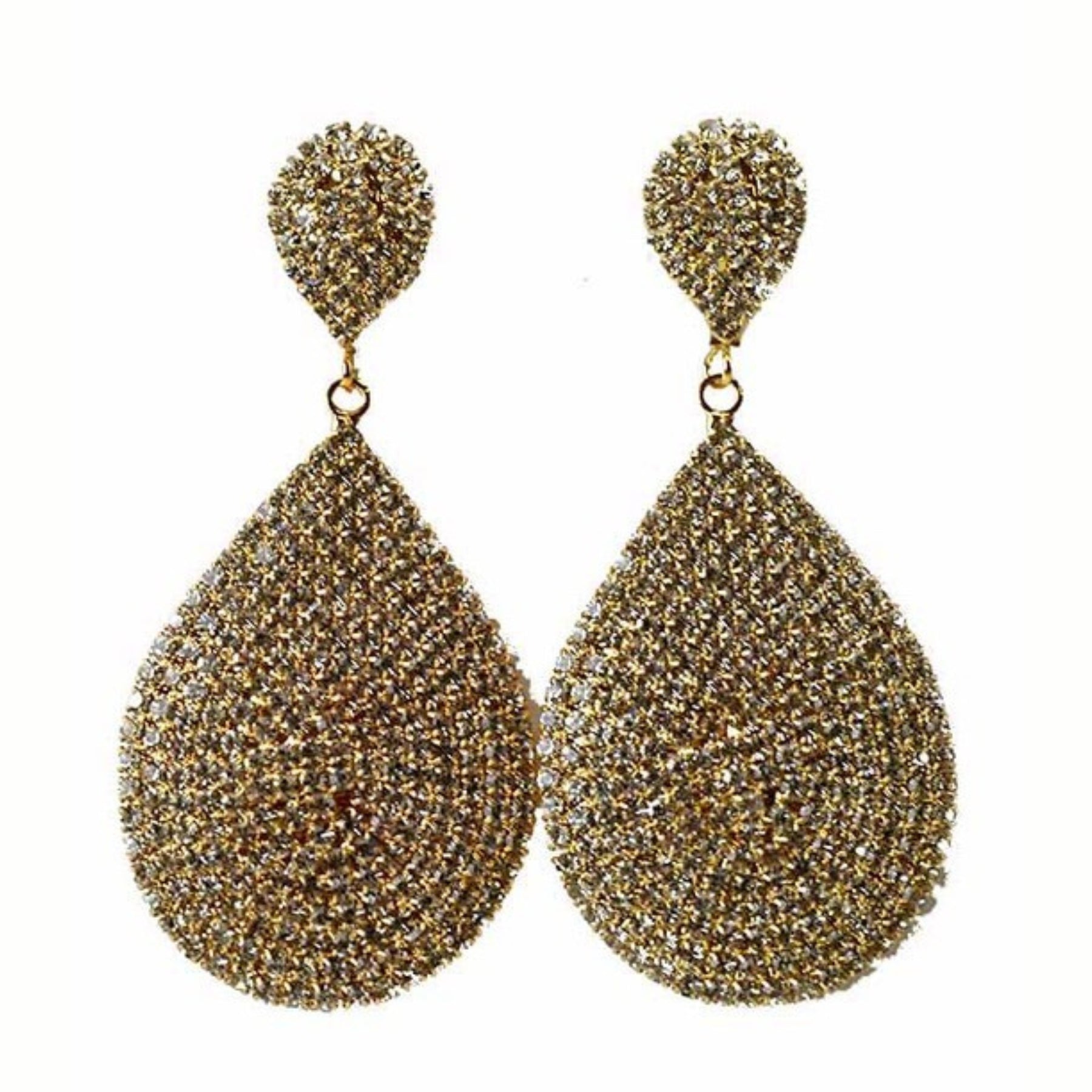 Elegant crystal teardrop clip-on earrings with a 2.5-inch drop, showcasing sparkling crystals in a stylish design.