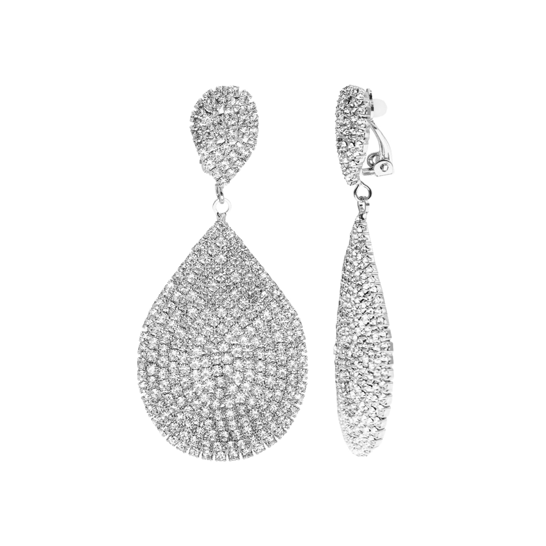 Elegant crystal teardrop clip-on earrings with a 2.5-inch drop, showcasing sparkling crystals in a stylish design.