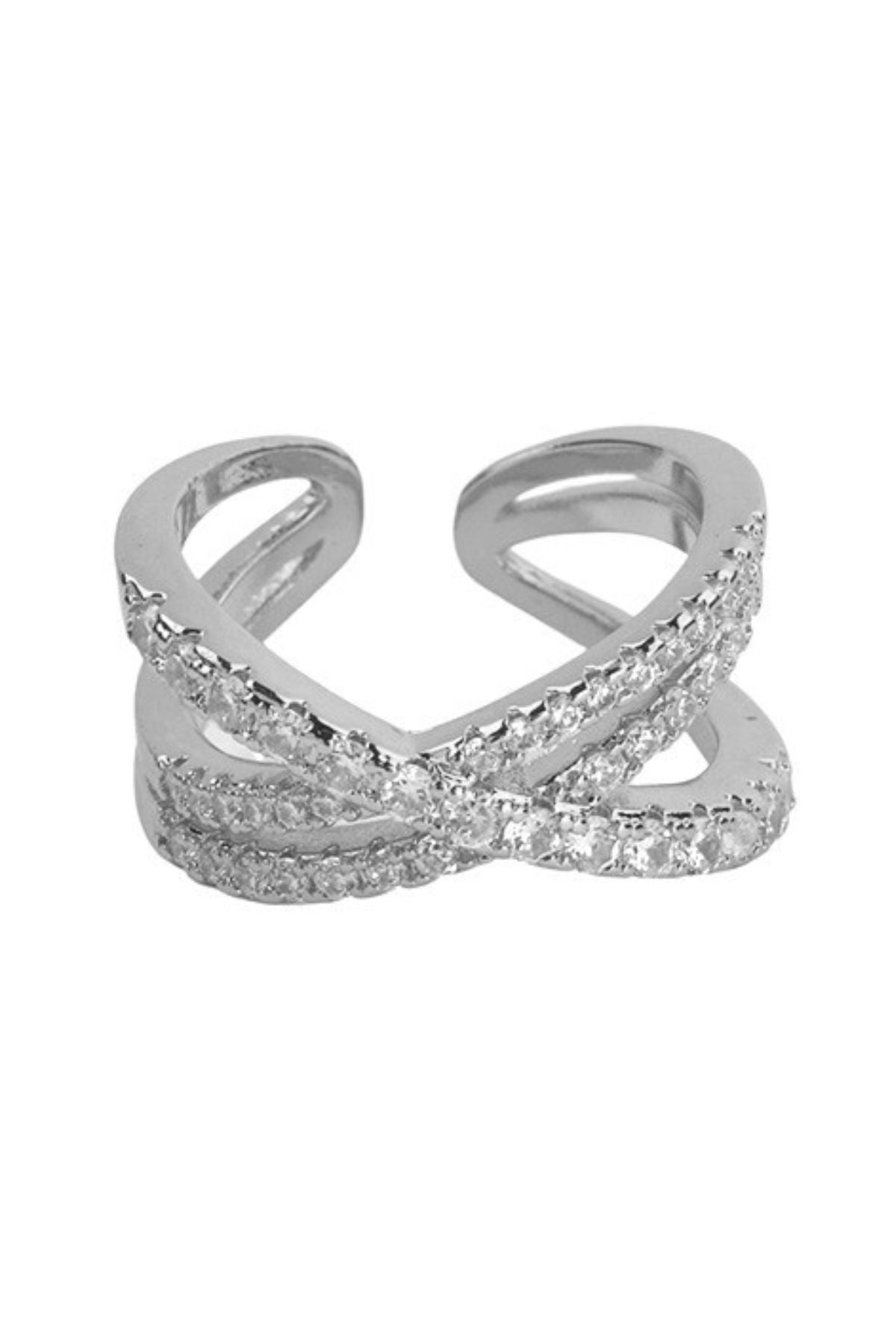 Cubic Zirconia 3 Line Cross Over Open Ring showcasing its elegant design and sparkling stones.