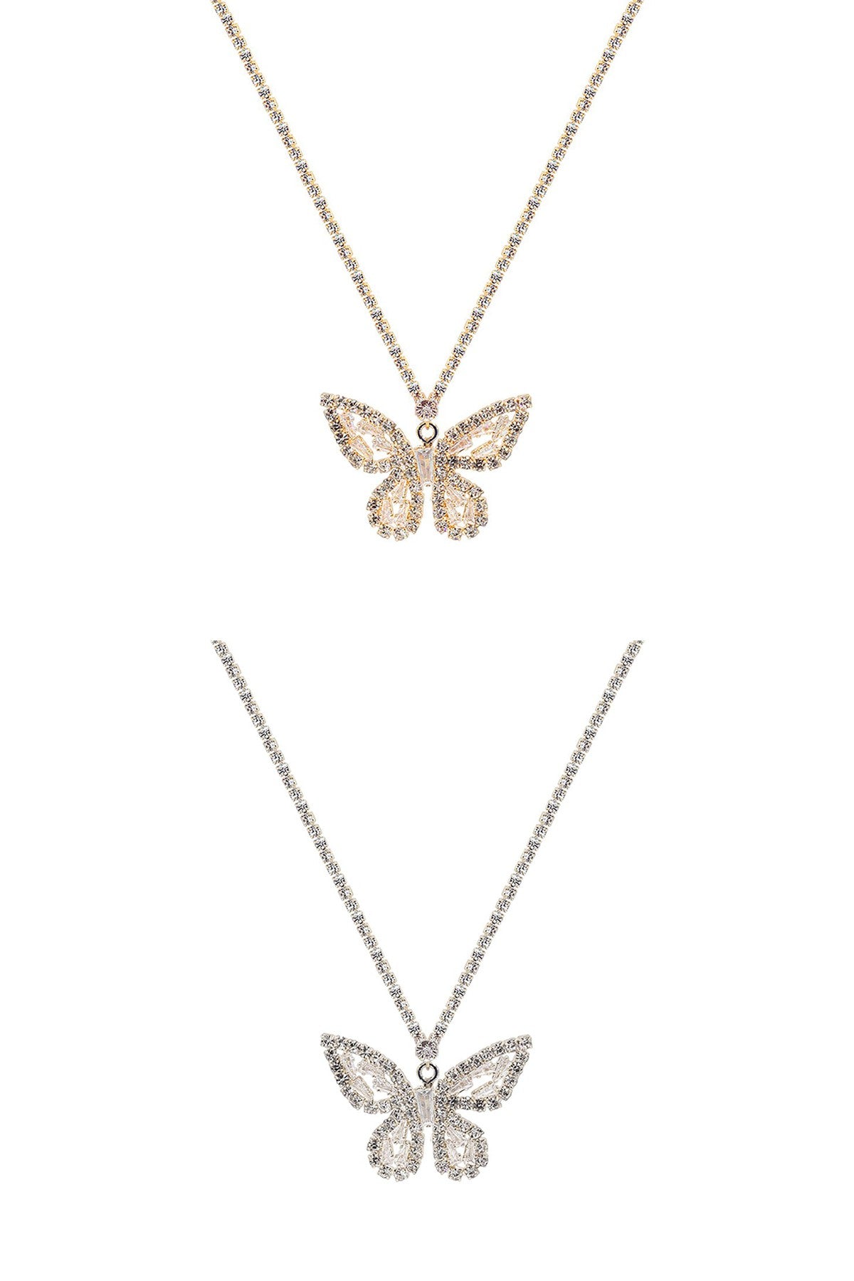 Cubic Zirconia Baguette Butterfly Necklace with sparkling stones and adjustable chain.