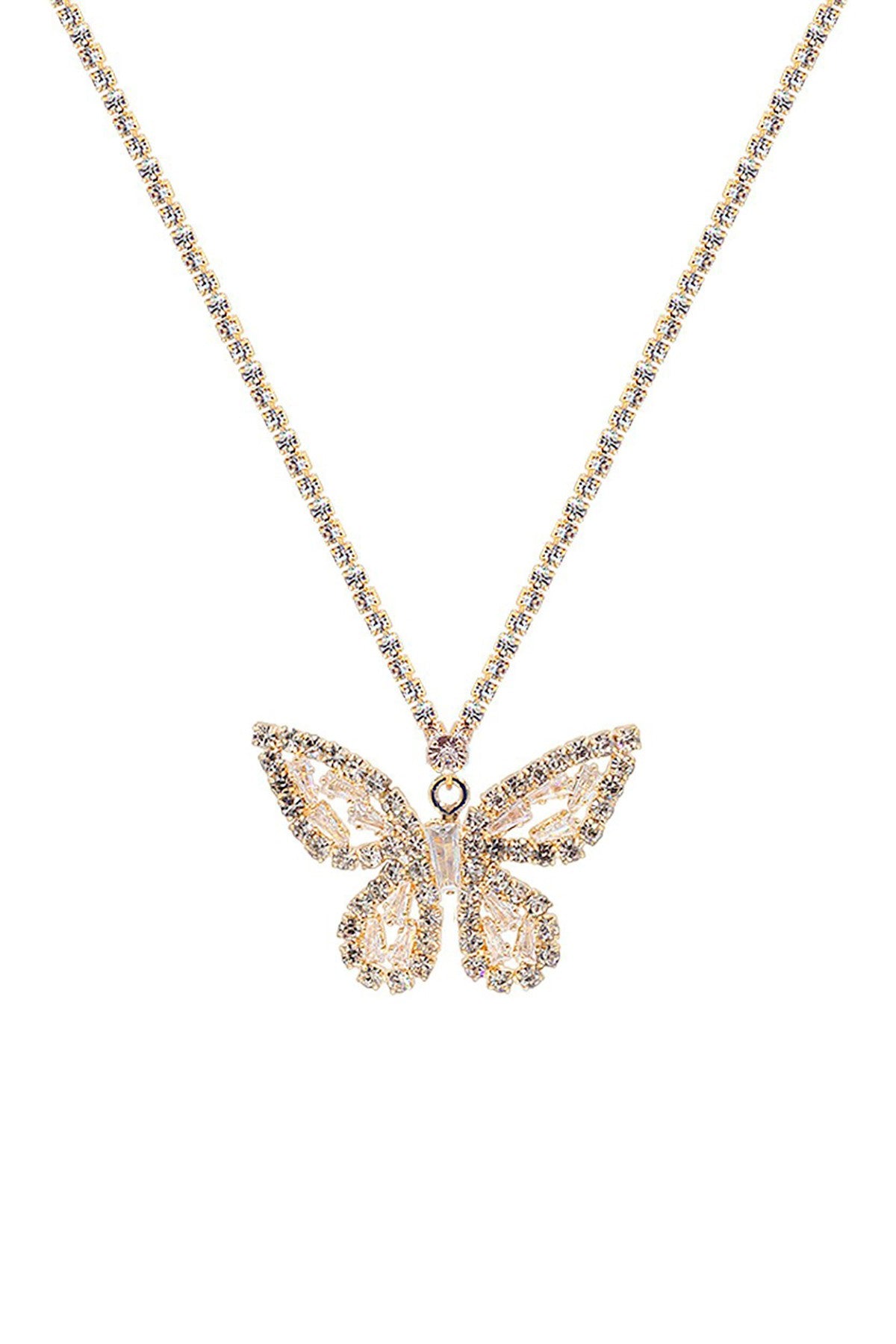 Cubic Zirconia Baguette Butterfly Necklace with sparkling stones and adjustable chain.