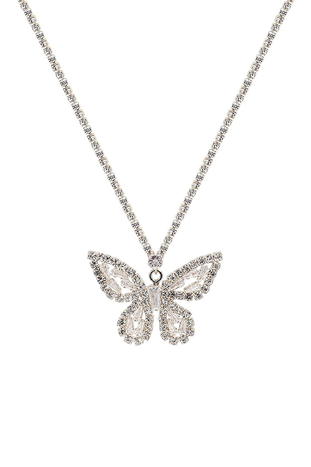 Cubic Zirconia Baguette Butterfly Necklace with sparkling stones and adjustable chain.