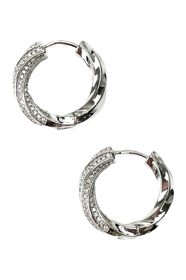 A pair of elegant cubic zirconia hoop earrings with a lever back closure, showcasing a sparkling design.